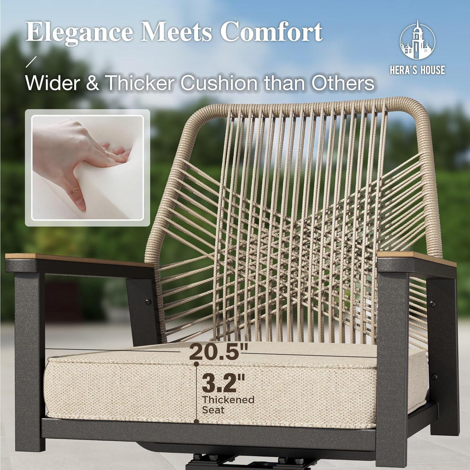 HERA'S HOUSE Outdoor Chairs Set of 2, 36.6" Rattan Dining Chairs with Heavy-Duty Wrought Iron Metal Frame, All-Weather Patio Chair for Garden Lawn Backyard Kitchen Deck