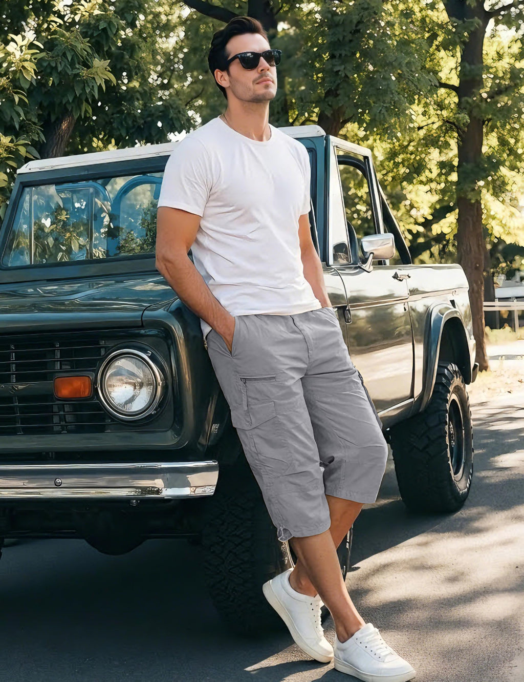 EKLENTSON Men's Cargo Shorts Casual Twill Elastic 3/4 Capri Pants Below Knee Long Shorts with 7 Pockets
