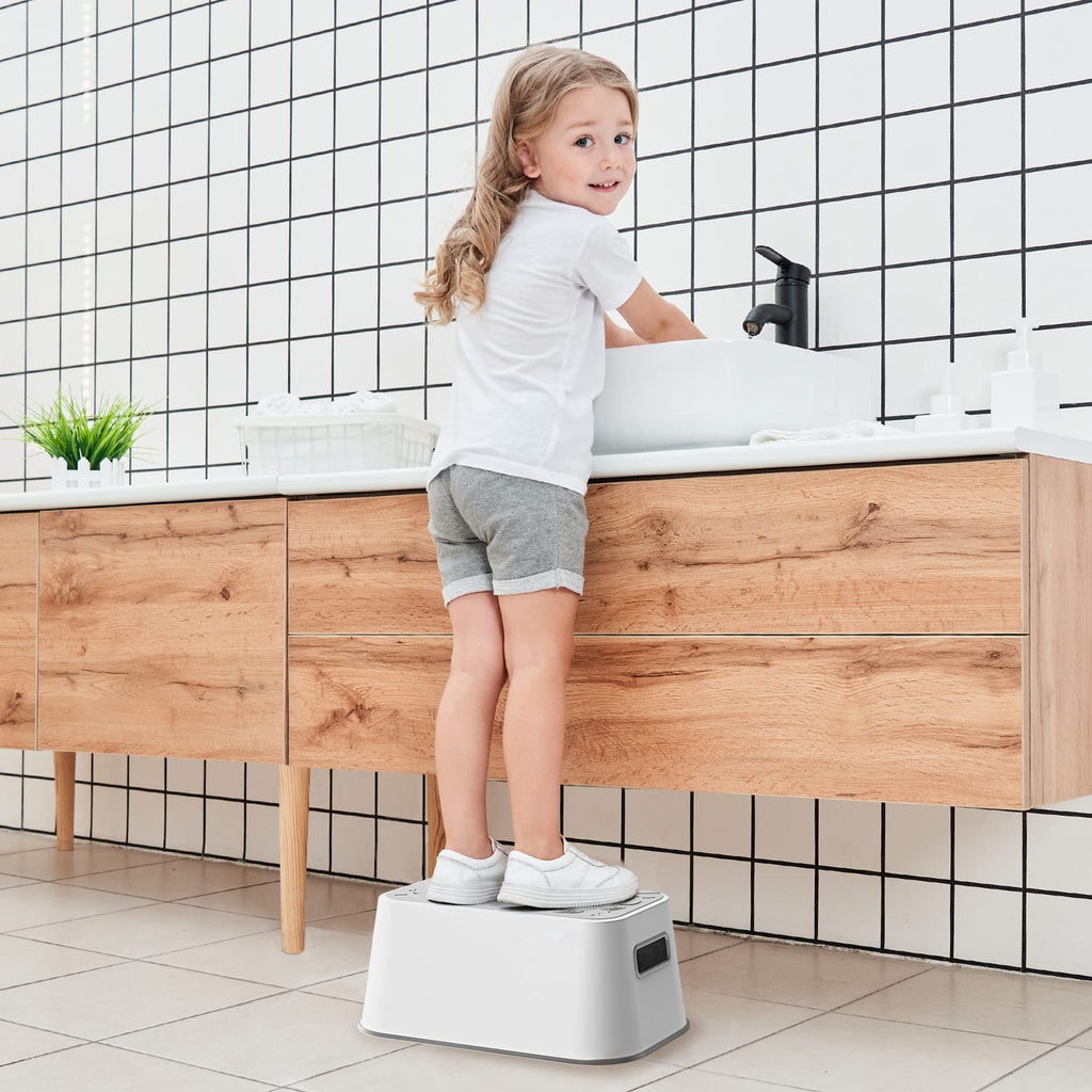 UNCLE WU Step Stool for Kids and Adults – Non-Slip Toilet Squatting Stool, 200 lbs Capacity, Potty Training Step Stool for Toddlers, Better Posture Bathroom & Sink Use(Gray White)