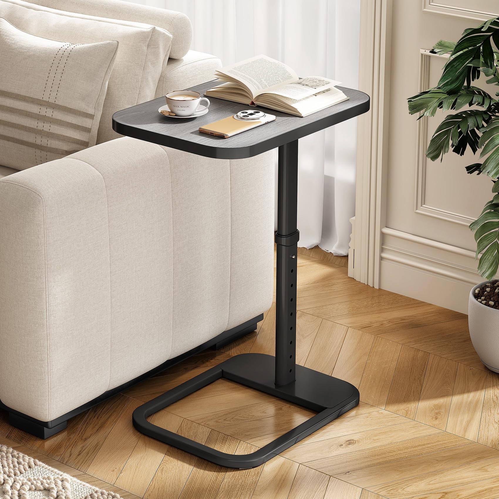 Kitstorack TV Tray Table, Adjustable Height & Rounded Metal Corners, Snack Table for Couch, Sofa, Bed, Chair, Living Room, C Shaped End Side Table for Eating, Dinner or Laptop, Small Spaces, Black