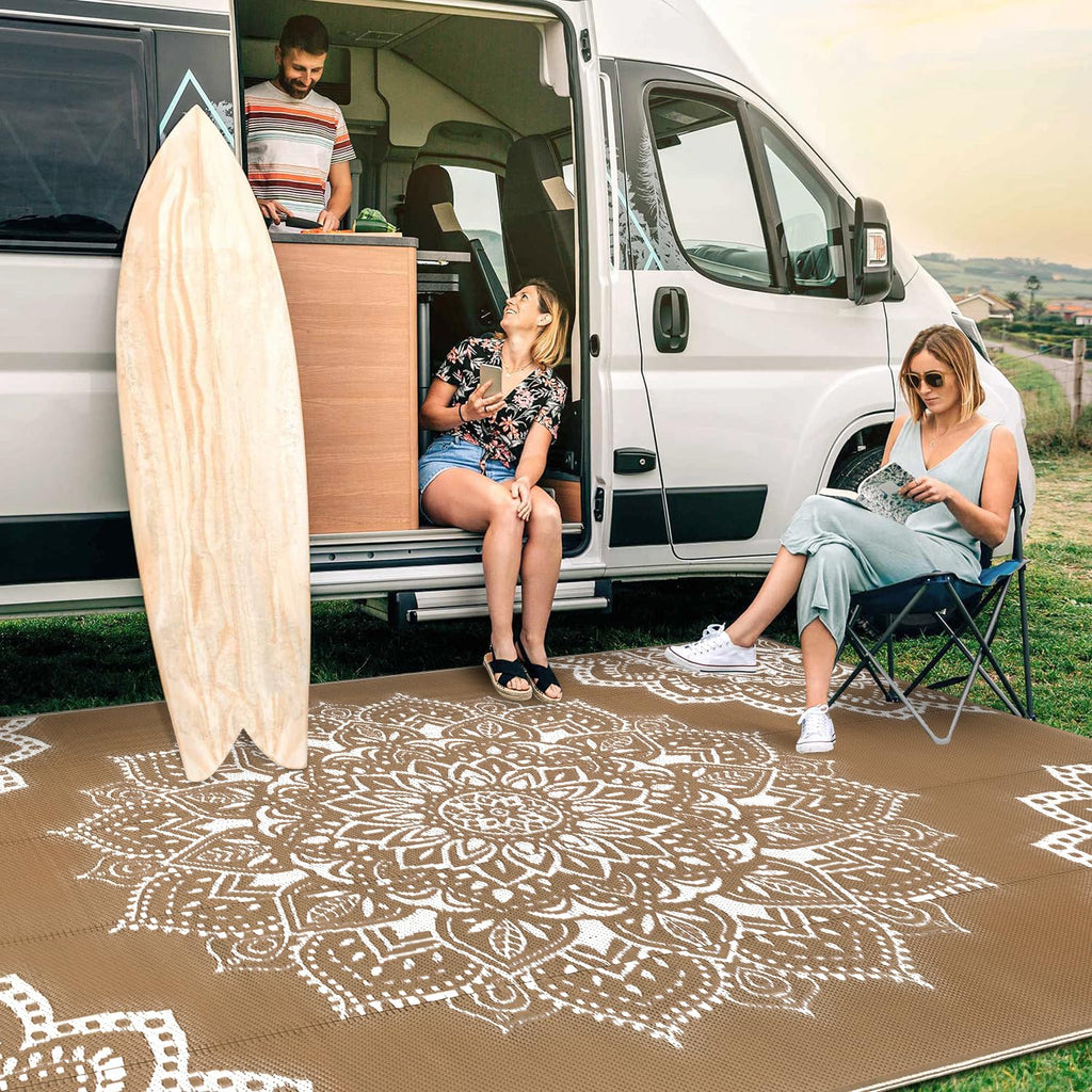 Yamaziot Waterproof Outdoor Rug 5x8 ft, Reversible Plastic Straw Rug for Patio Clearance, Camping, RV Mat, Outside Rug Carpet for Porch, Deck, Backyard, Balcony, Picnic,Black Brown