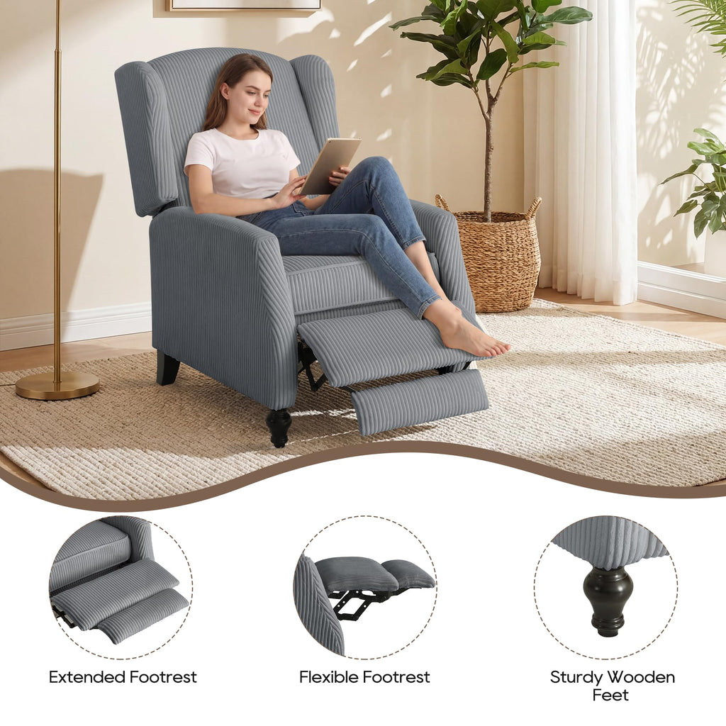 Wingback Chair with Massage and Heat, Tufted Fabric Pushback Recliner Chair, Wingback Recliner Chair with Remote Control, Padded Cushion, Wooden Legs, Small Recliners for Small Spaces