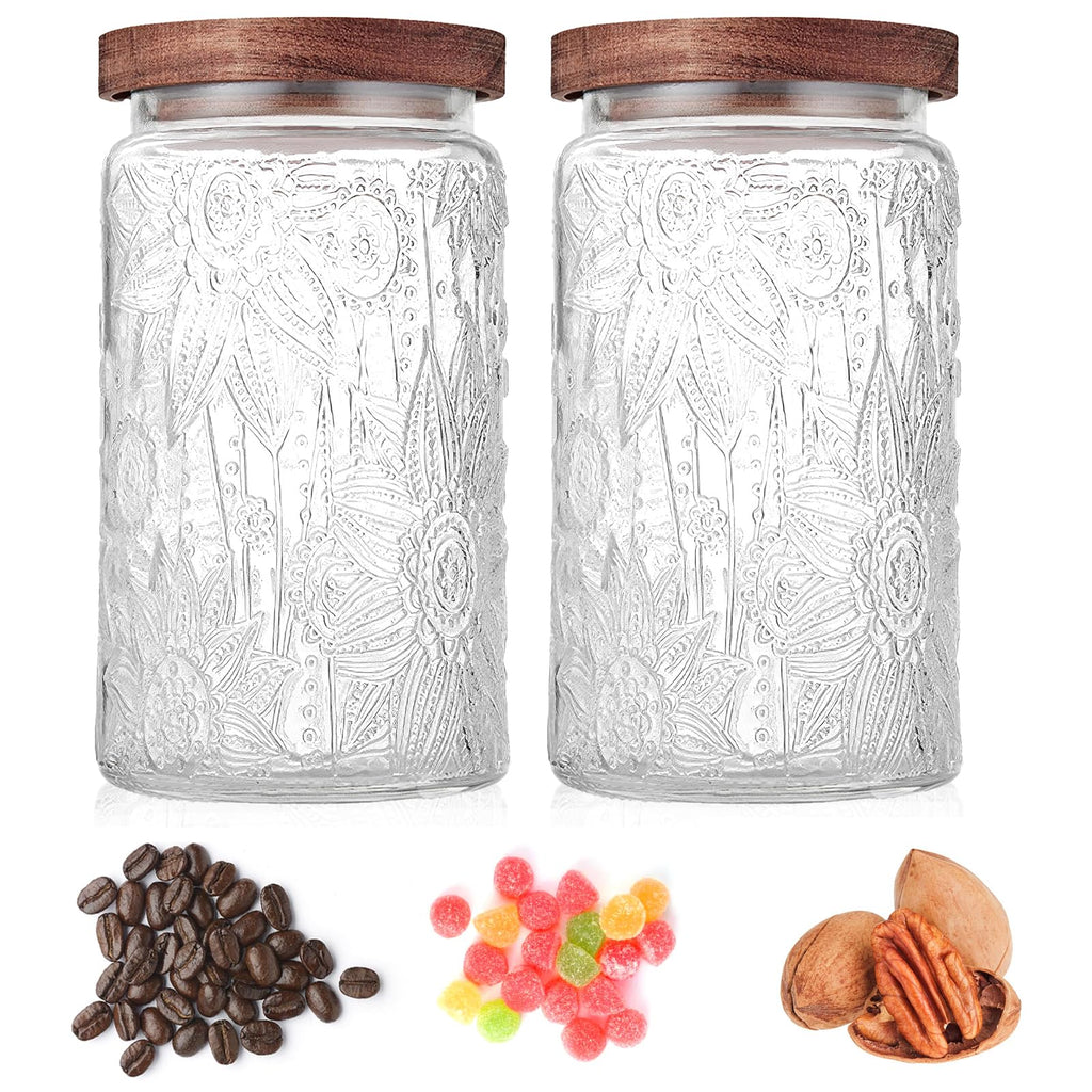 Custde Glass Storage Jars With Airtight Lid, 23.7oz Container For Kitchen Counter with Wooden Lid, brown sugar, candy, coffee, cookie, salt, tea, cute Jar (35oz Large Begonia Flowers)