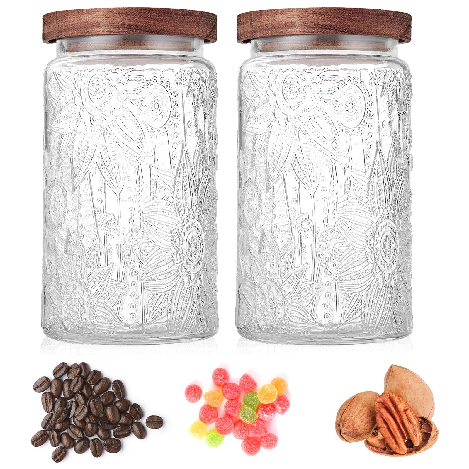 Custde Glass Storage Jars With Airtight Lid, 23.7oz Container For Kitchen Counter with Wooden Lid, brown sugar, candy, coffee, cookie, salt, tea, cute Jar (35oz Large Begonia Flowers)