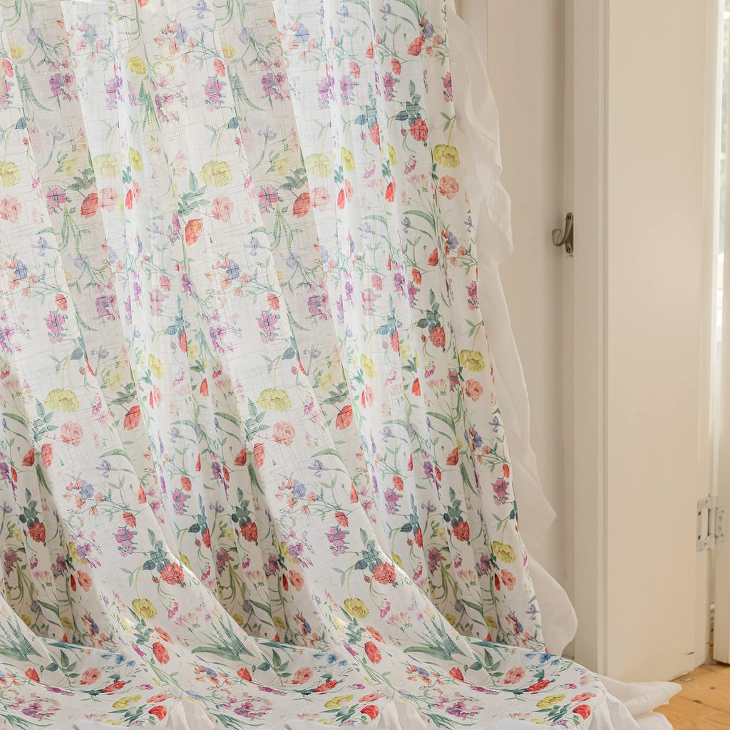 SUOUO Blue Leaf Semi Sheer White Curtains for Bedroom Dining Living Room Linen Textured 84 inches Long Rod Pocket Boho Window Drapes 2 Panels