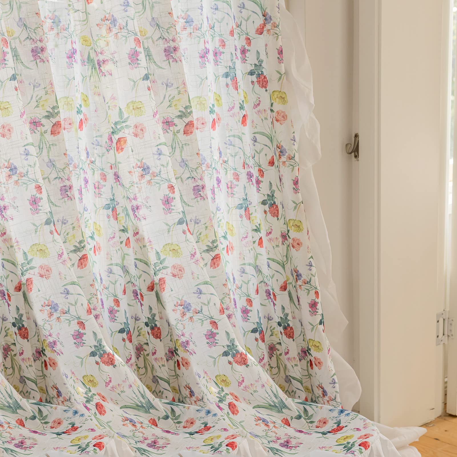 SUOUO Blue Leaf Semi Sheer White Curtains for Bedroom Dining Living Room Linen Textured 84 inches Long Rod Pocket Boho Window Drapes 2 Panels