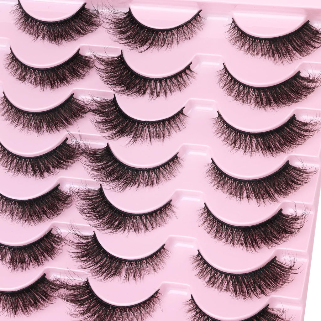 False Lashes Natural Look Wispy Eyelashes Manga Korean Spiky 16mm Short Faux Mink Eyelashes Cat Eye Natural Fake Eyelashes Strip Lashes Pack 14 Pairs