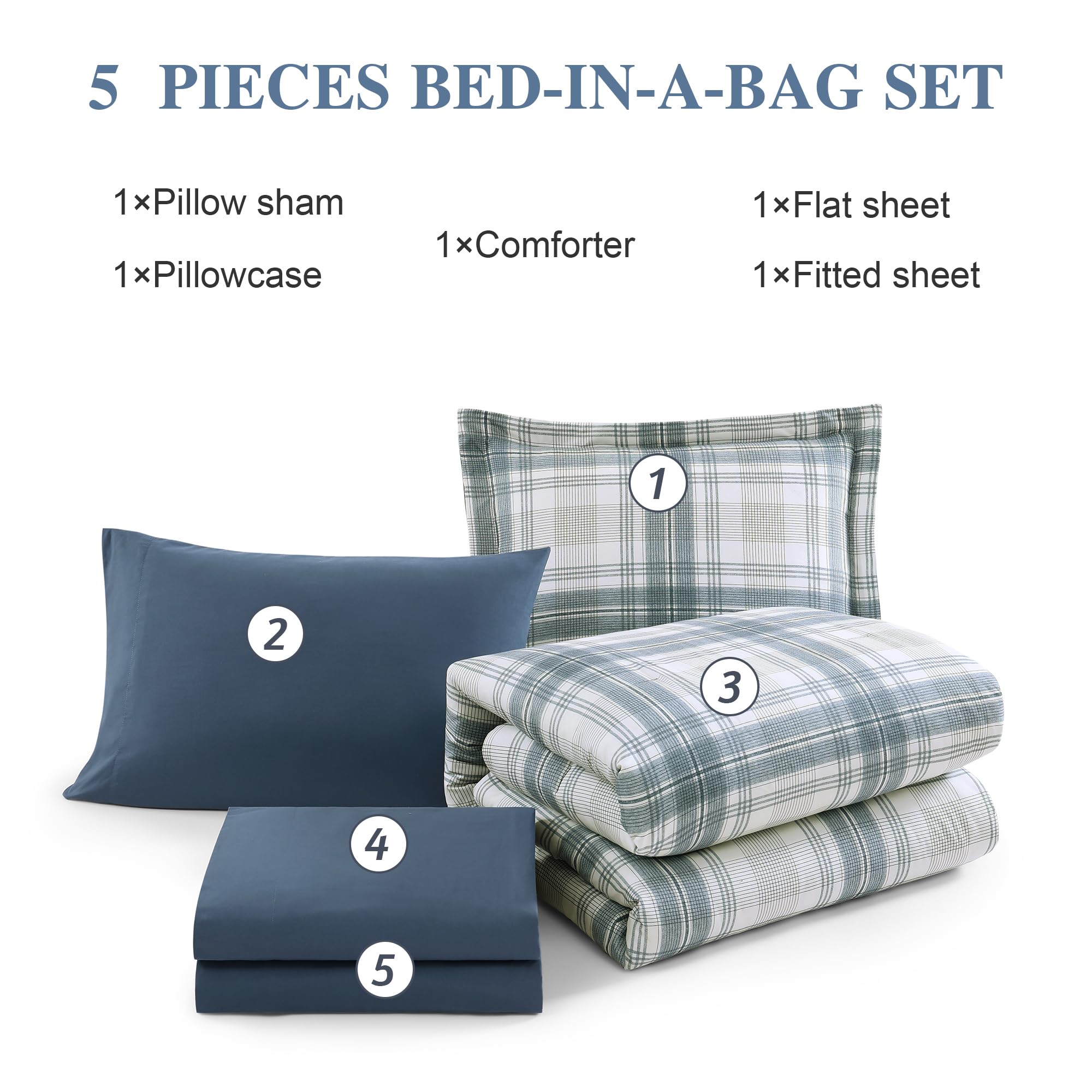 MaiRêve Queen Comforter Set, Classic Plaid Farmhouse Bedding Sets 7 Pieces, Beige All Season Bed in A Bag with Sheets, Pillowcases & Shams