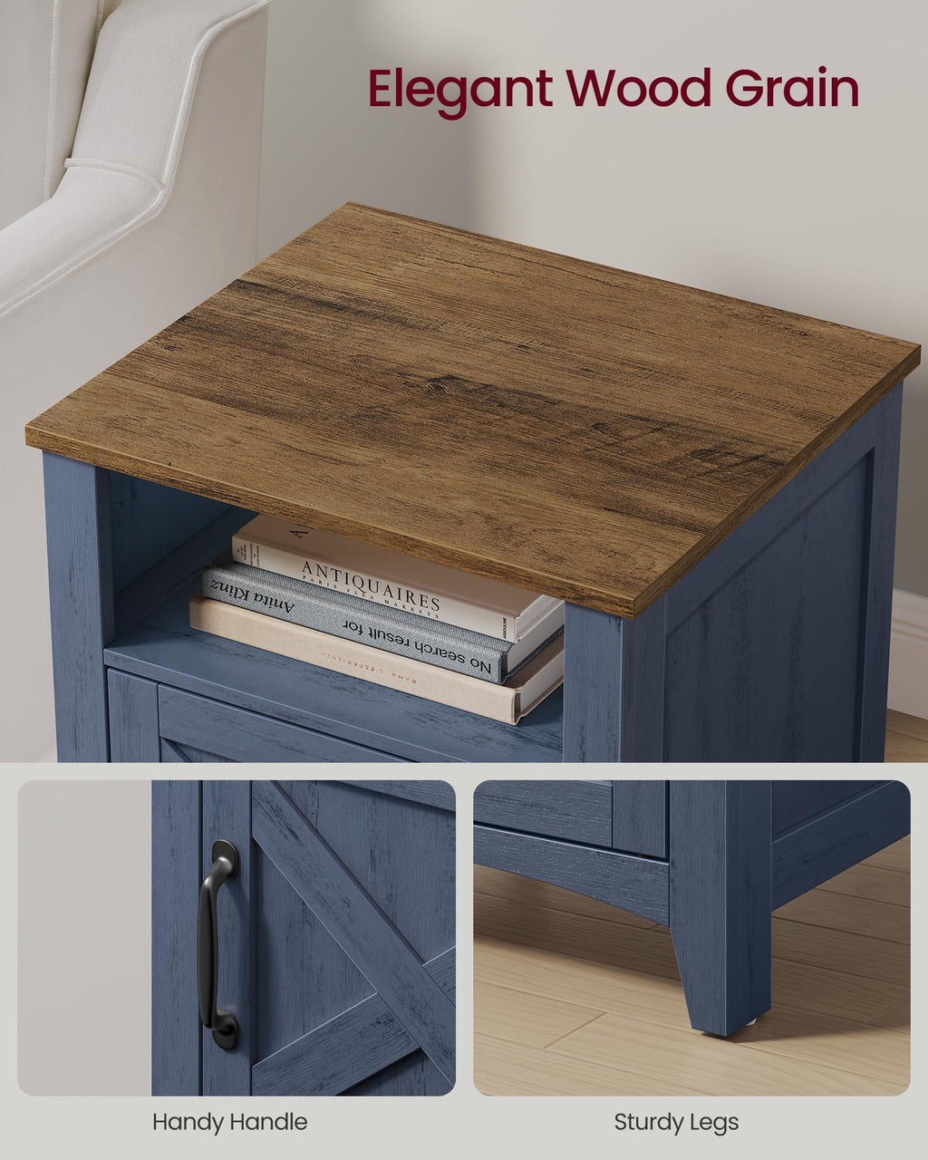 VASAGLE LIRY Collection - Farmhouse Nightstand with Barn Door, Bedside Table with Storage, Side End Table, Night Stand, Open Compartment, for Bedroom, Misty Gray ULET609G68