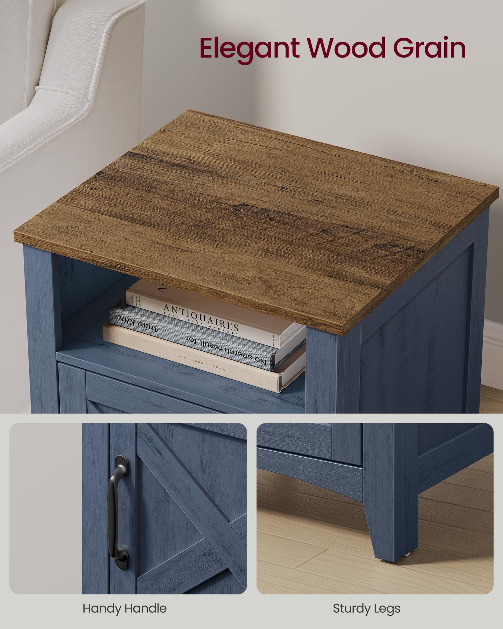 VASAGLE LIRY Collection - Farmhouse Nightstand with Barn Door, Bedside Table with Storage, Side End Table, Night Stand, Open Compartment, for Bedroom, Misty Gray ULET609G68