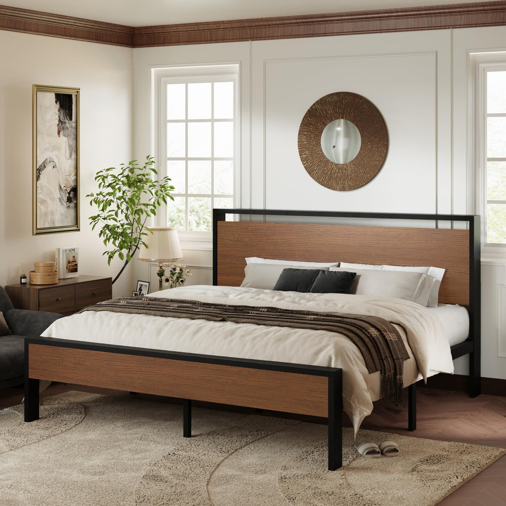 Allewie Twin Size Platform Bed Frame with Wooden Headboard and Footboard, Heavy Duty Metal Slats Support, No Box Spring Needed, Under-Bed Storage, Noise Free, Easy Assembly, Black Oak