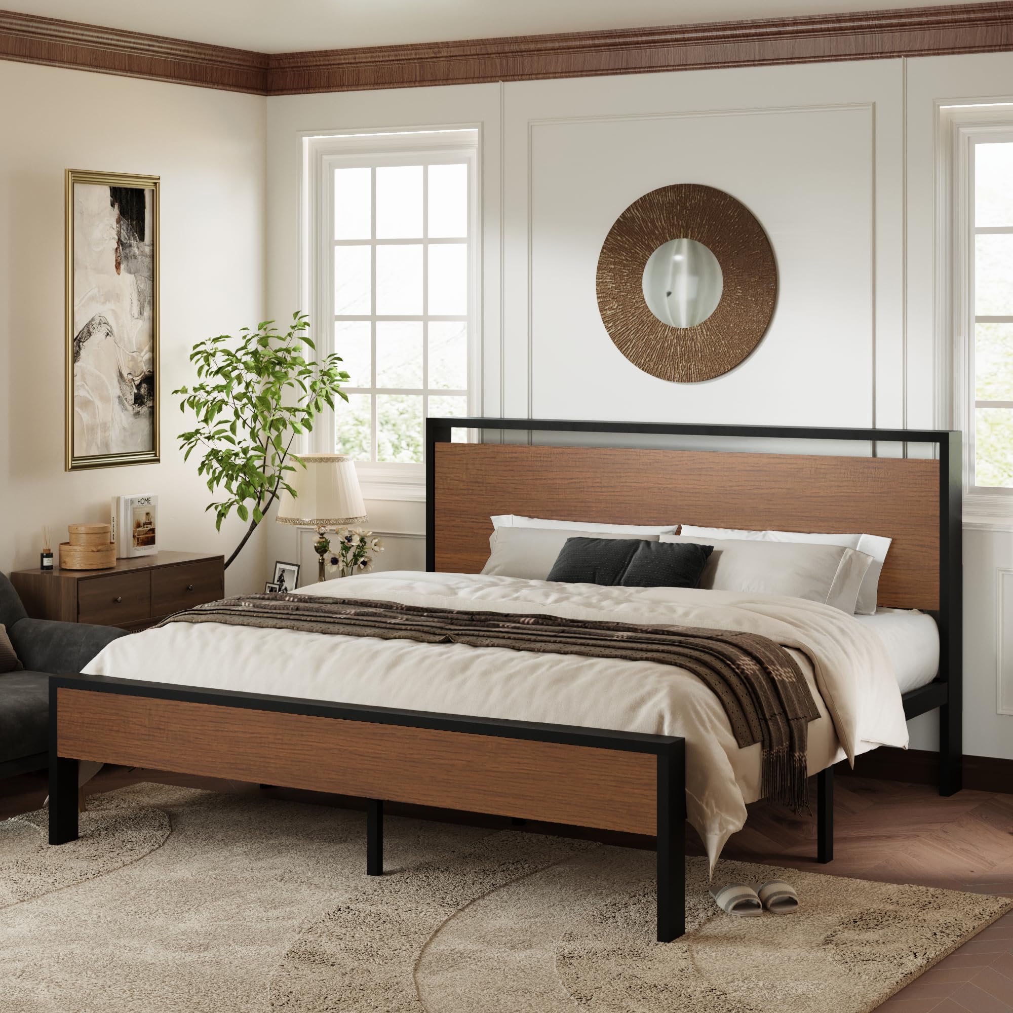 Allewie Twin Size Platform Bed Frame with Wooden Headboard and Footboard, Heavy Duty Metal Slats Support, No Box Spring Needed, Under-Bed Storage, Noise Free, Easy Assembly, Black Oak