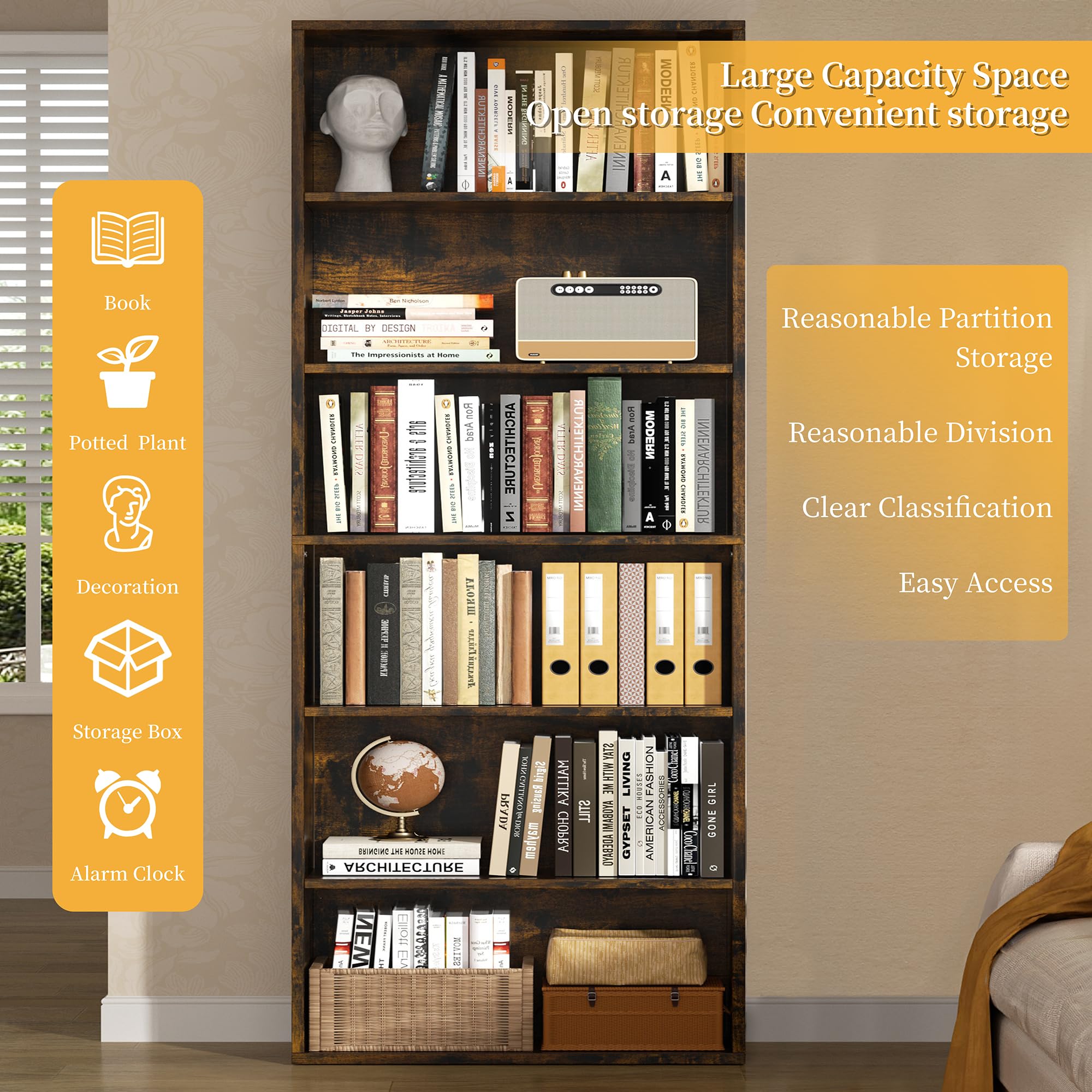 Shintenchi Bookshelf,6-Tier Open Bookcase and Bookshelves,6 Shelf Display Storage Shelves Floor Standing 70.6 inches Tall Bookcase for Home Office, Living Room (Black)
