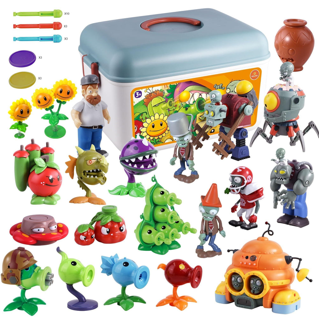 ROLOSO Plants and Zombies Toys Figures vs Peashooter Party Favors Birthday Decorations Supplies Plush Sets Playset Series 2 PVZ Kids Games Books Zomboss Gargantuar with Storage Box