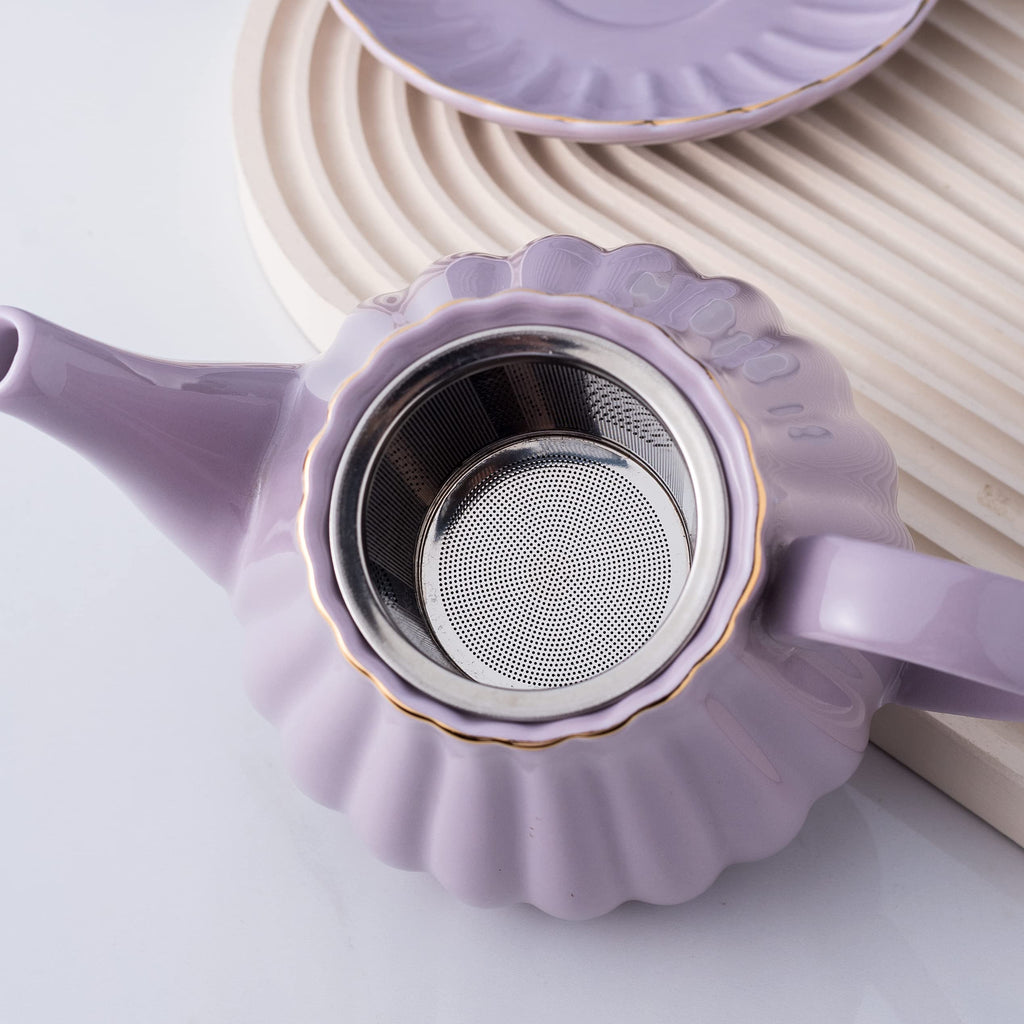 Jusalpha Serve for 6- Fine China Pink Coffee Cup/Teacup Set, 8 OZ Cups& Saucer, with Teapot-Sugar Bowl-Cream Pitcher Teaspoons and tea strainer for Tea/Coffee (Lavender, Serve of 6)