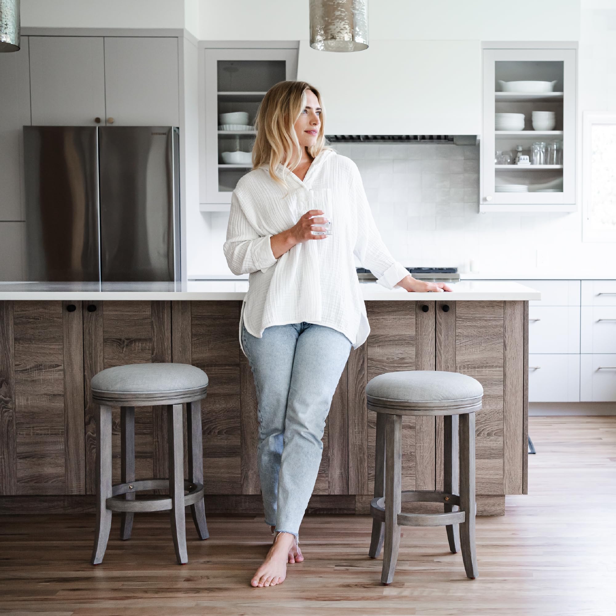 Maven Lane Eva Counter Stool 26 Inches – Round Swivel Stool with Footrest – Grey Solid Wood and Grey Fabric Upholstery – Perfect for Kitchen Islands and Counters