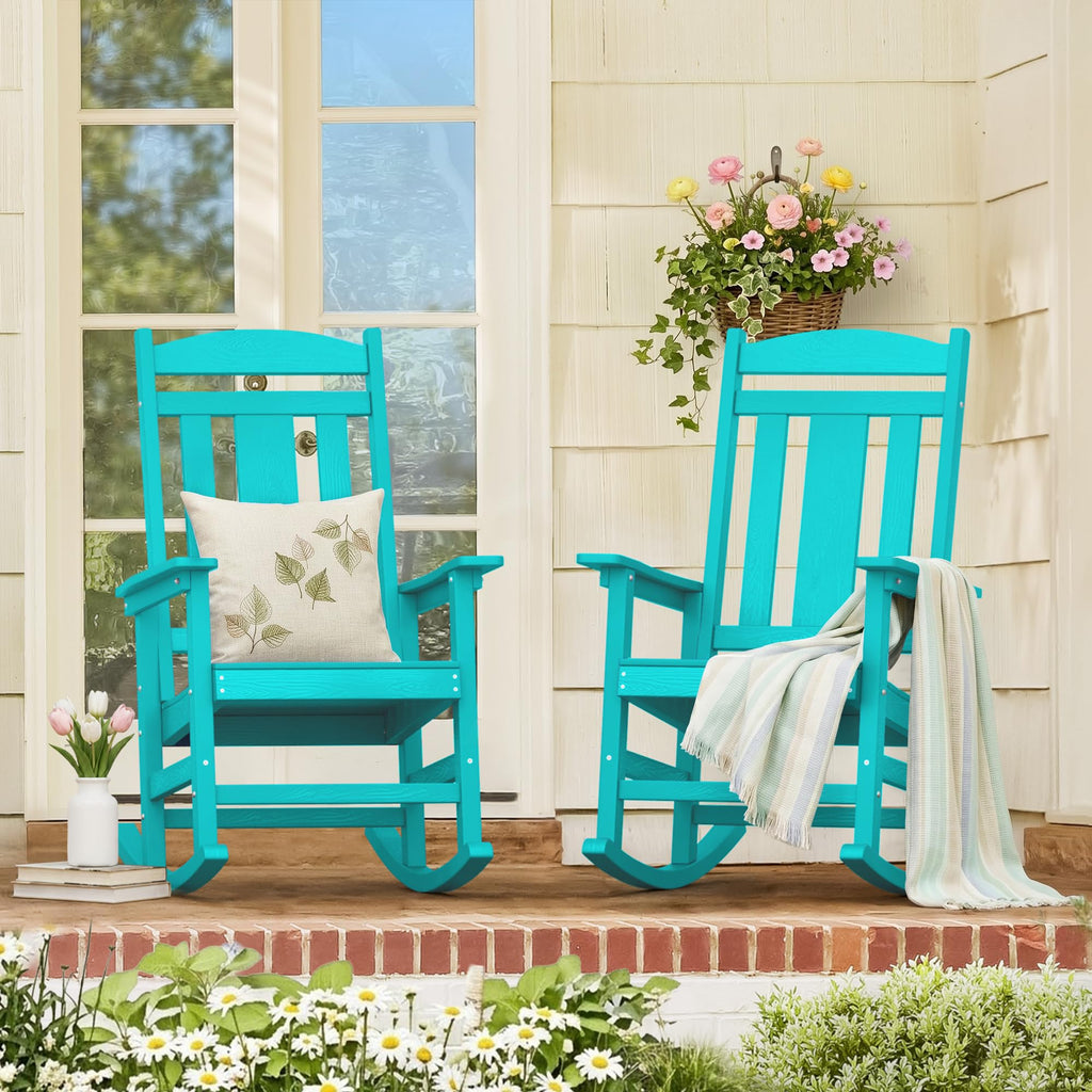 LUE BONA Rocking Chair Outdoor, Weather Resistant HDPS Plastic Rocker Chairs, 350lb Heavy Duty, Oversized Porch Rocker for Adult, High Back Smooth Rocking Chairs for Outdoor & Indoor, Aruba Blue