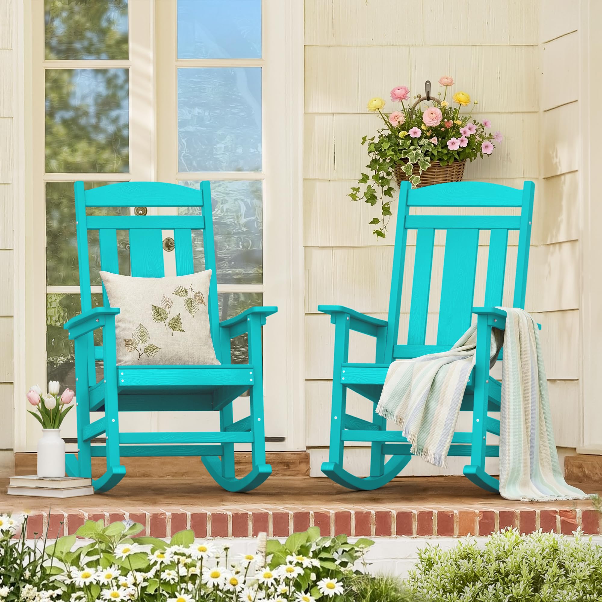 LUE BONA Rocking Chair Outdoor, Weather Resistant HDPS Plastic Rocker Chairs, 350lb Heavy Duty, Oversized Porch Rocker for Adult, High Back Smooth Rocking Chairs for Outdoor & Indoor, Aruba Blue