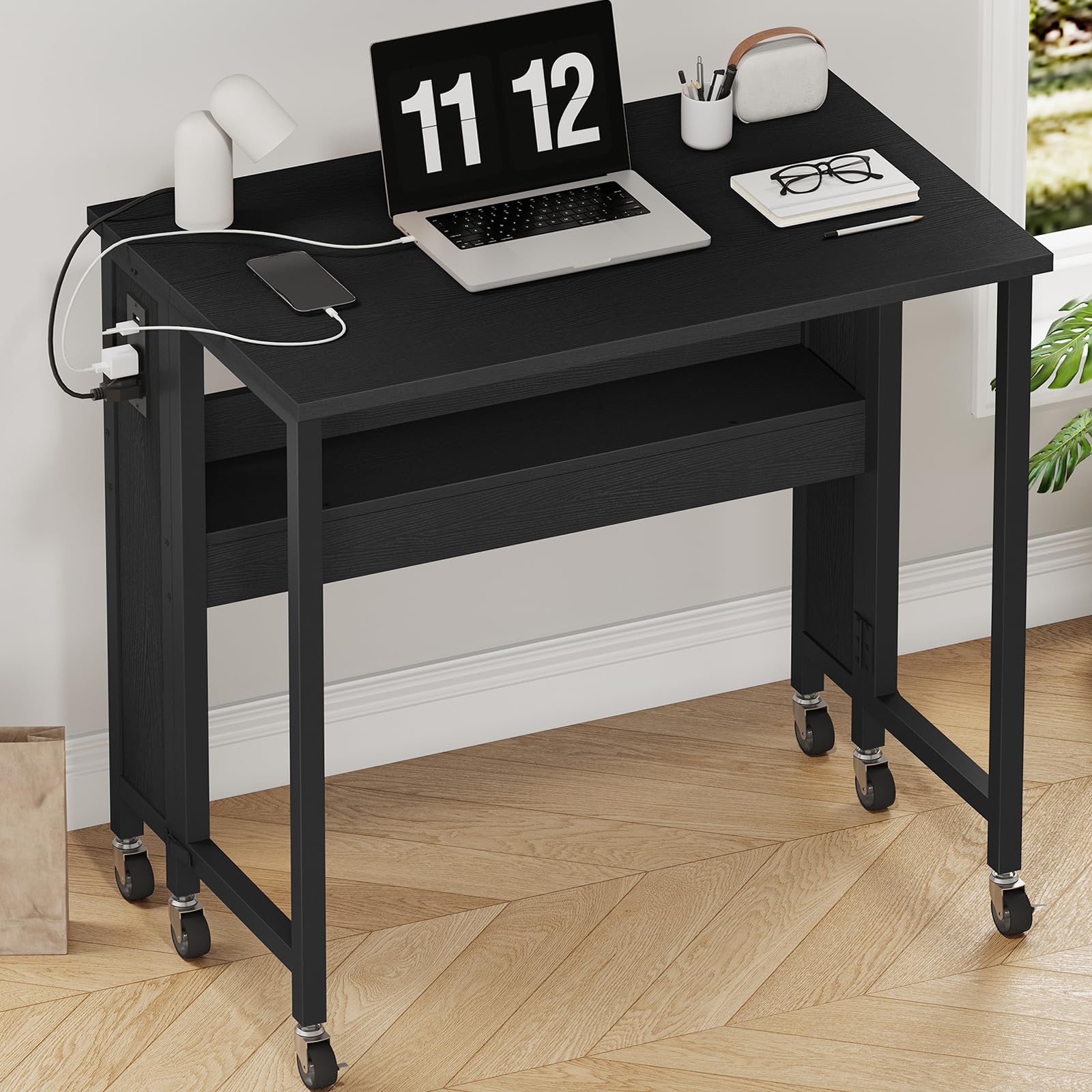 CHOEZON Folding Desk with Power Outlets, 31.5" Rolling Computer Table with Wheels, Portable Office Desk with Storage Shelf for Small Spaces Black TDN01UBB