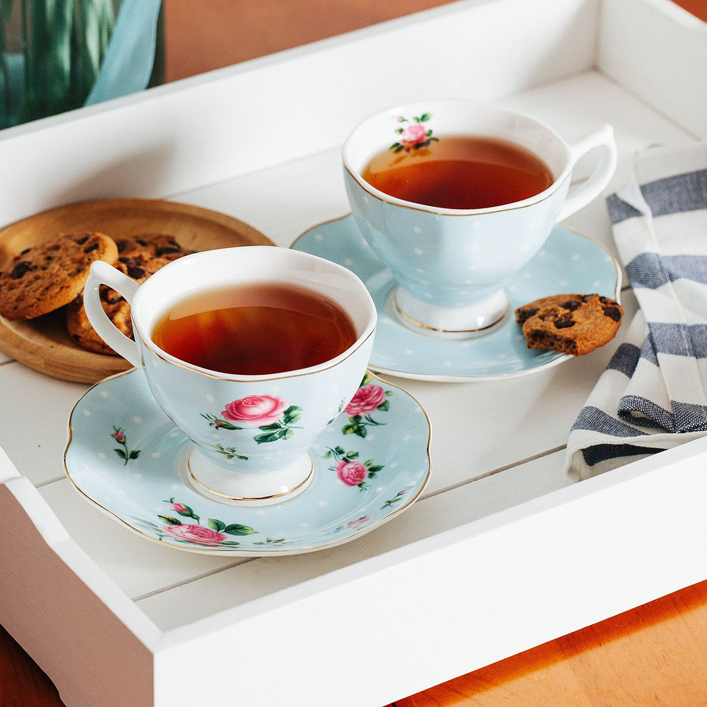 BTaT- Tea Cups and Saucers, Set of 6 with Spoon, 8 oz, Fine Porcelain Teacup Set with Gold Trim for Afternoon Tea, Weddings, Parties & Gifting, Dishwasher Safe, Lightweight, Non-Toxic