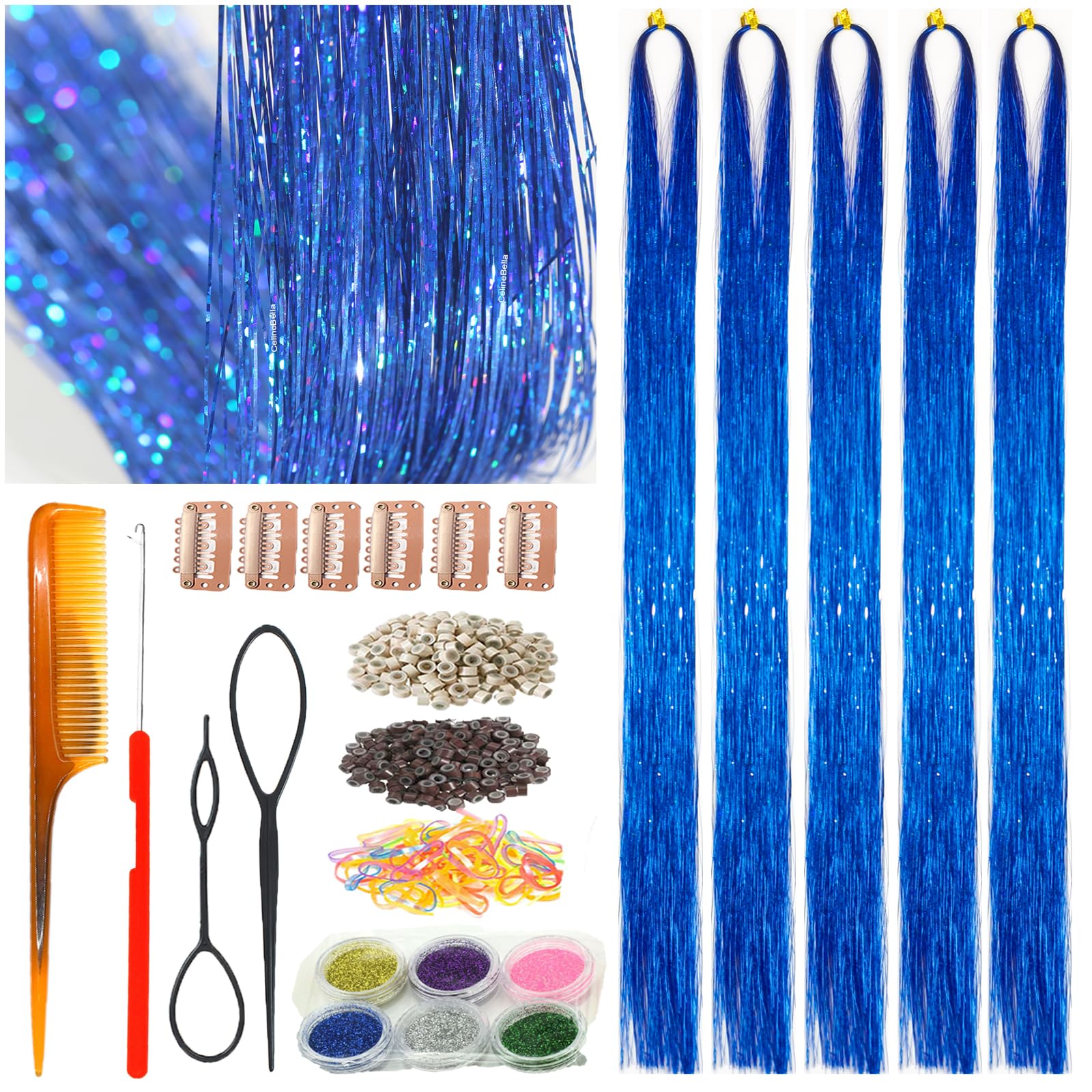 Celinebella Bubblegum Pink Hair Tinsel, 48" 1250 Strands Bright Shimmer | Vibrant hot pink bubblegum tone, youthful energetic, heat resistant, great for prom concerts birthday parties events