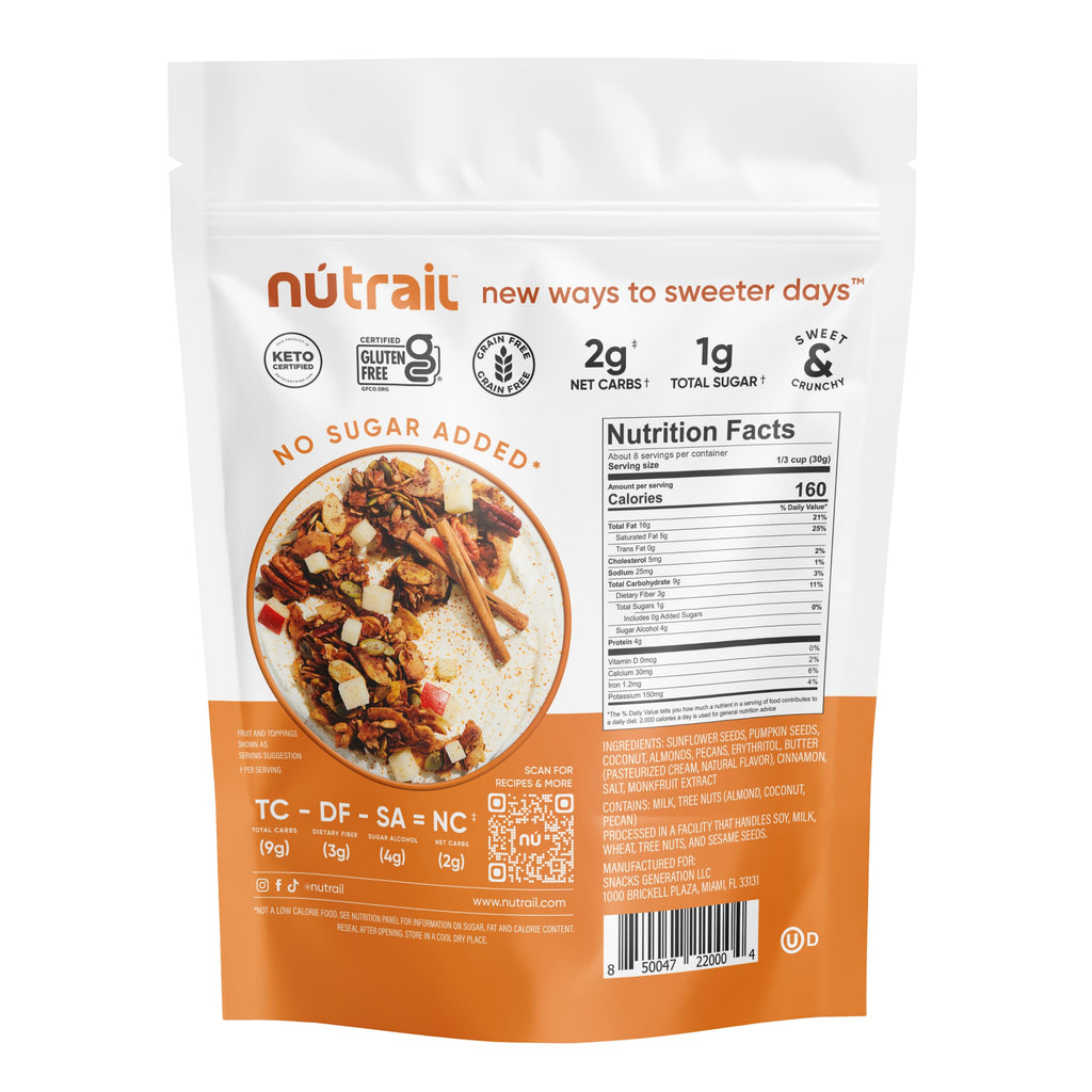NuTrail Nut Granola Cereal, Cinnamon Pecan, No Sugar Added, Gluten Free, Grain Free, Keto, Low Carb, Healthy Breakfast 8 oz. 1 Count