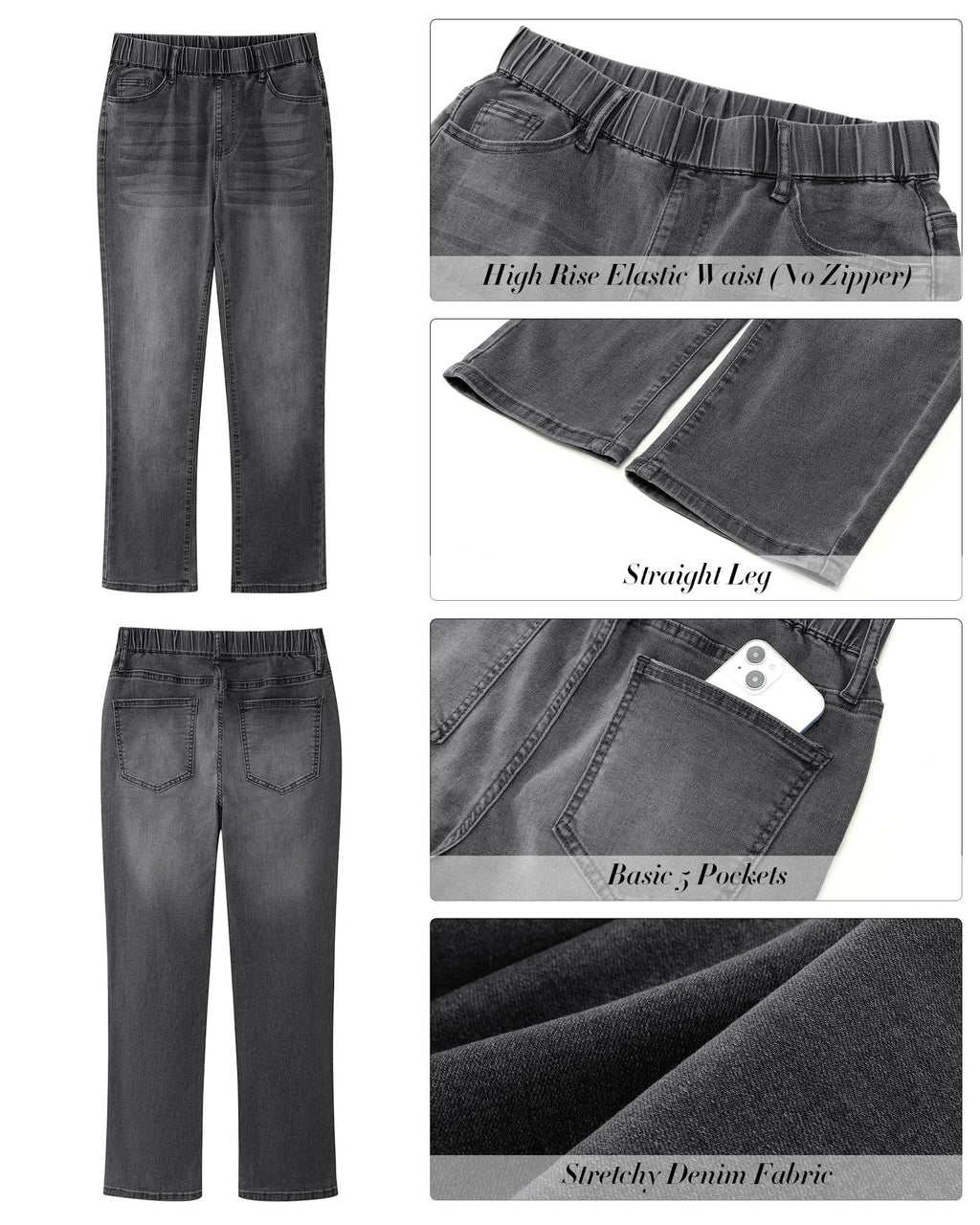 GRAPENT Straight Leg Jeans for Women Trendy Pull On High Waisted Cropped Elastic Waist Stretchy Denim Pants Ankle Jeans