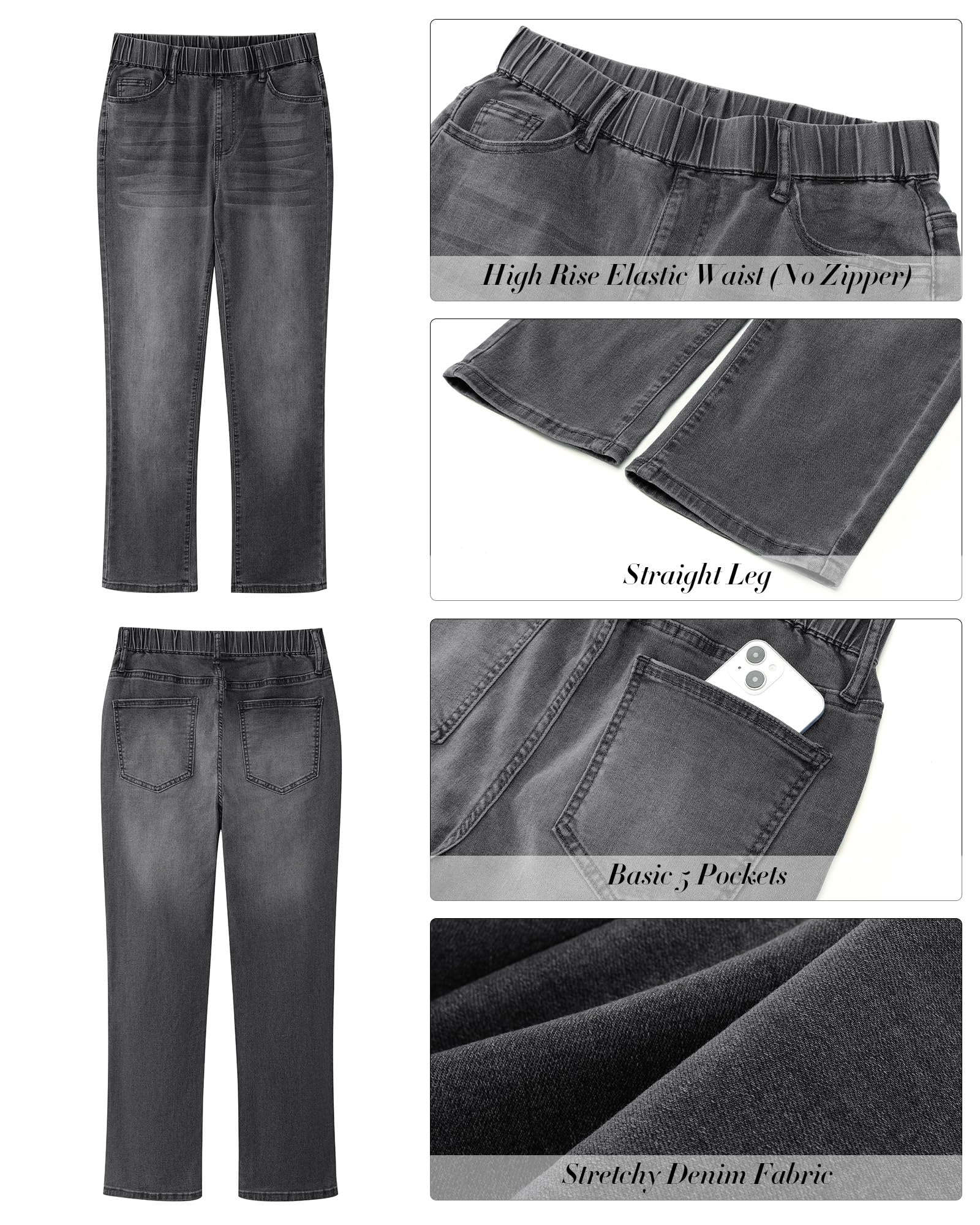 GRAPENT Straight Leg Jeans for Women Trendy Pull On High Waisted Cropped Elastic Waist Stretchy Denim Pants Ankle Jeans