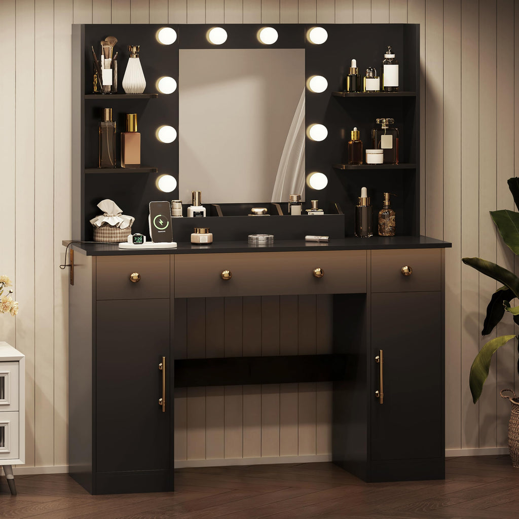 HUANLEGO Vanity Desk with Mirror and Lights, Makeup Vanity with Mirror and LED Lights & Power Outlet, 3 Drawers and Cabinets, 3 Lighting Modes Dressing Table Set for Girls Women Bedroom,Oak
