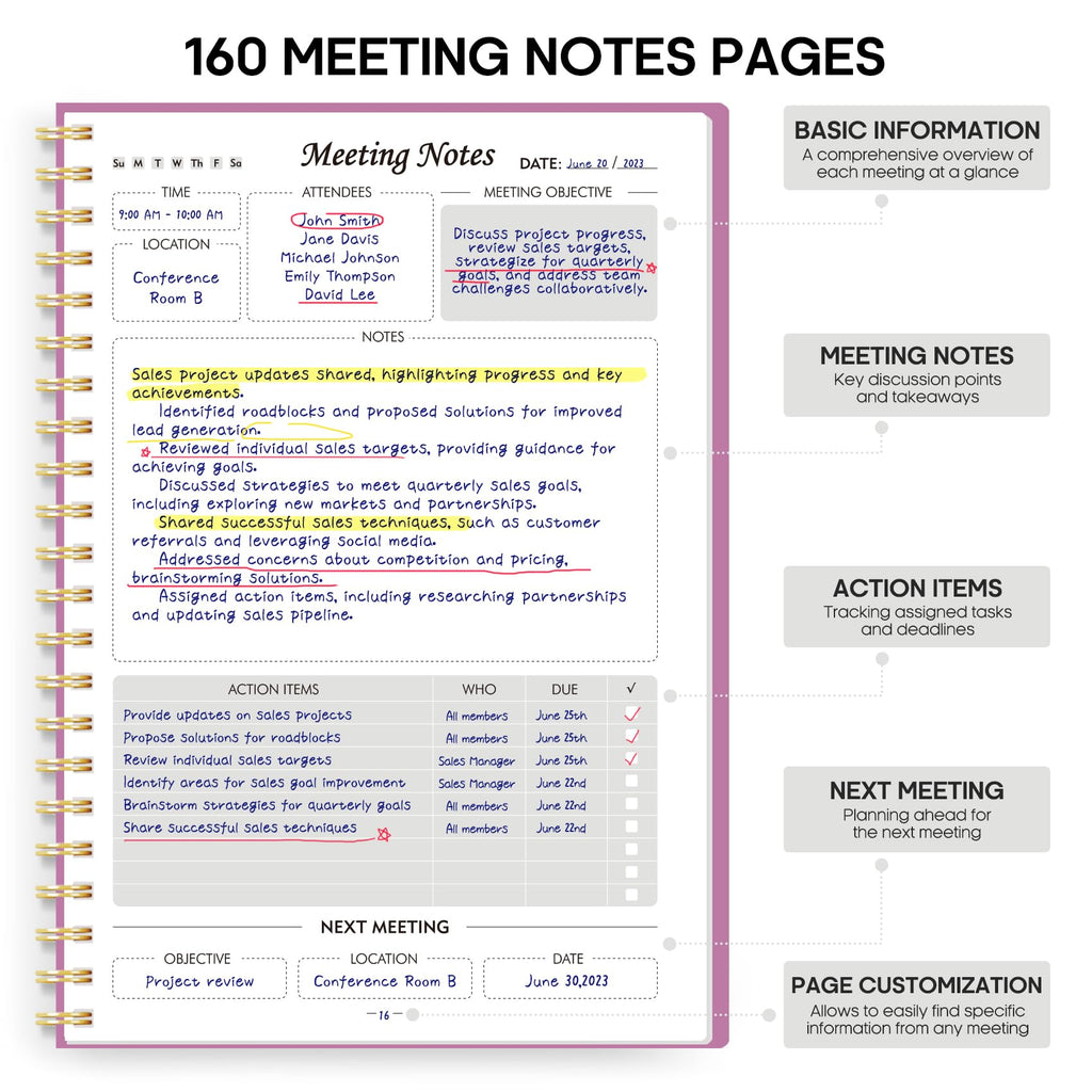 Meeting Notebook for Work Organization - Work Planner Notebook with Action Items, Agenda Planner for Note Taking, 160 Pages (6.9" X 9.9") Project Organizer for Men & Women - Pink