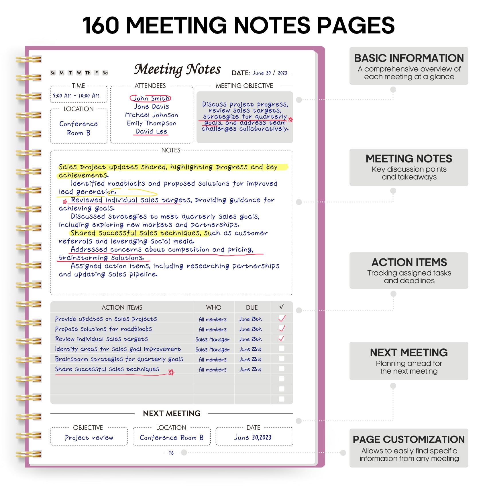 Meeting Notebook for Work Organization - Work Planner Notebook with Action Items, Agenda Planner for Note Taking, 160 Pages (6.9" X 9.9") Project Organizer for Men & Women - Pink