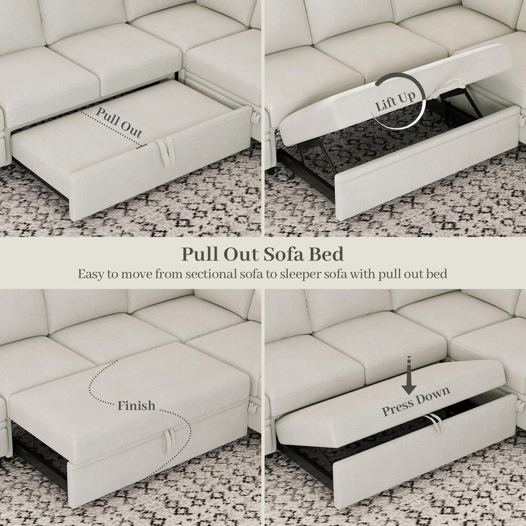 Belffin Modular Sectional Sleeper Sofa Bed with Storage Chaise L Shaped Sectional Couches for Living Room Armrest with Cup Holder. White Couch