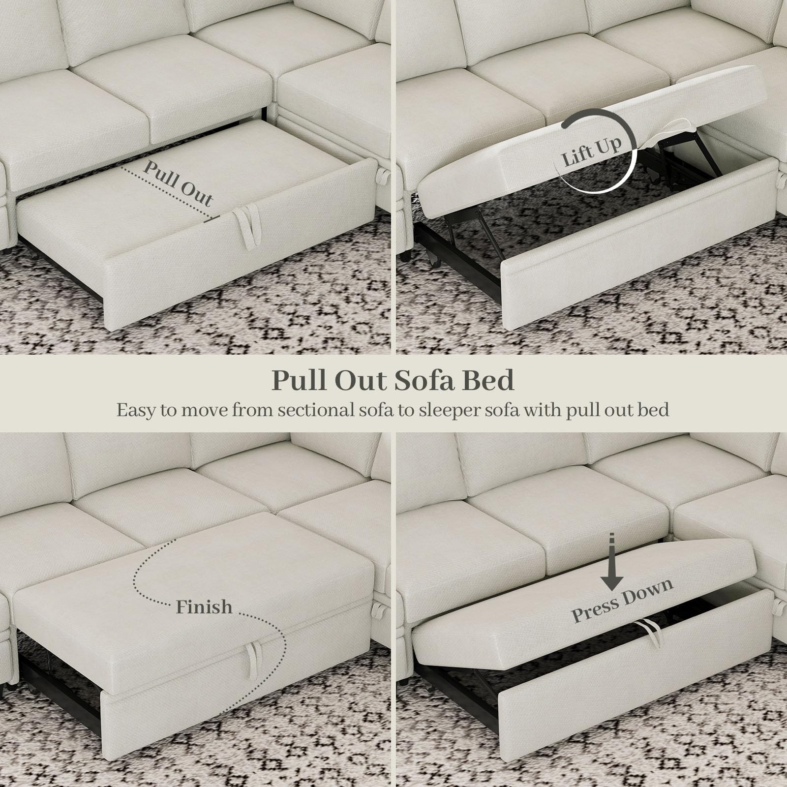 Belffin Modular Sectional Sleeper Sofa Bed with Storage Chaise L Shaped Sectional Couches for Living Room Armrest with Cup Holder. White Couch