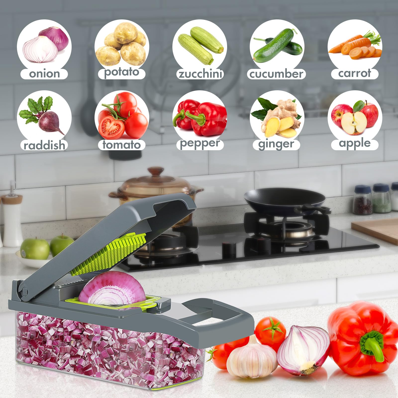 Ourokhome Vegetable Chopper Onion Cutter, 12 in 1 Professional Mandoline Slicer for Kitchen, Multifunctional Food Chopper for Potato, Tomato, Veggie with Strainer Basket, 8 Blades, Blue