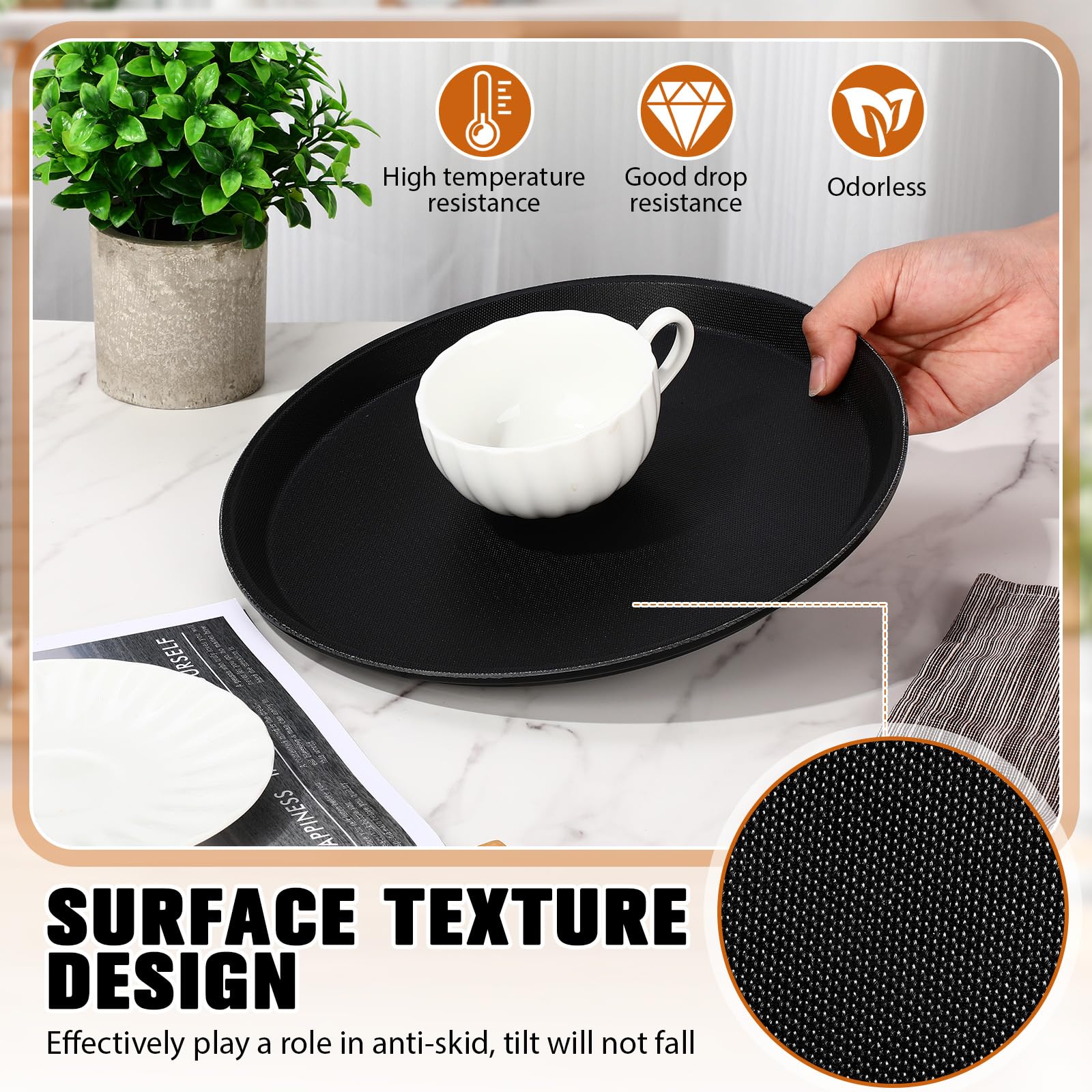 Zopeal 2 Pieces Black Round Restaurant Serving Tray, Plastic Non Slip Surface Food Meals Server Tray with Raised Edges for Home, Kitchen, Restaurant, Cafeteria, Bar (11")