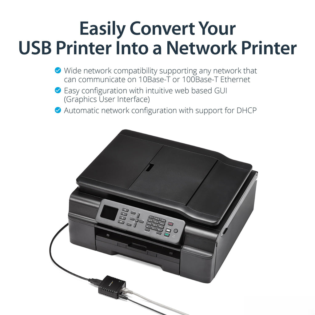 StarTech 1-Port USB 2.0 Network Print Server, 10/100 Mbps Auto-sensing, Wired Ethernet LAN USB Printer Server Adapter, TAA Compliant