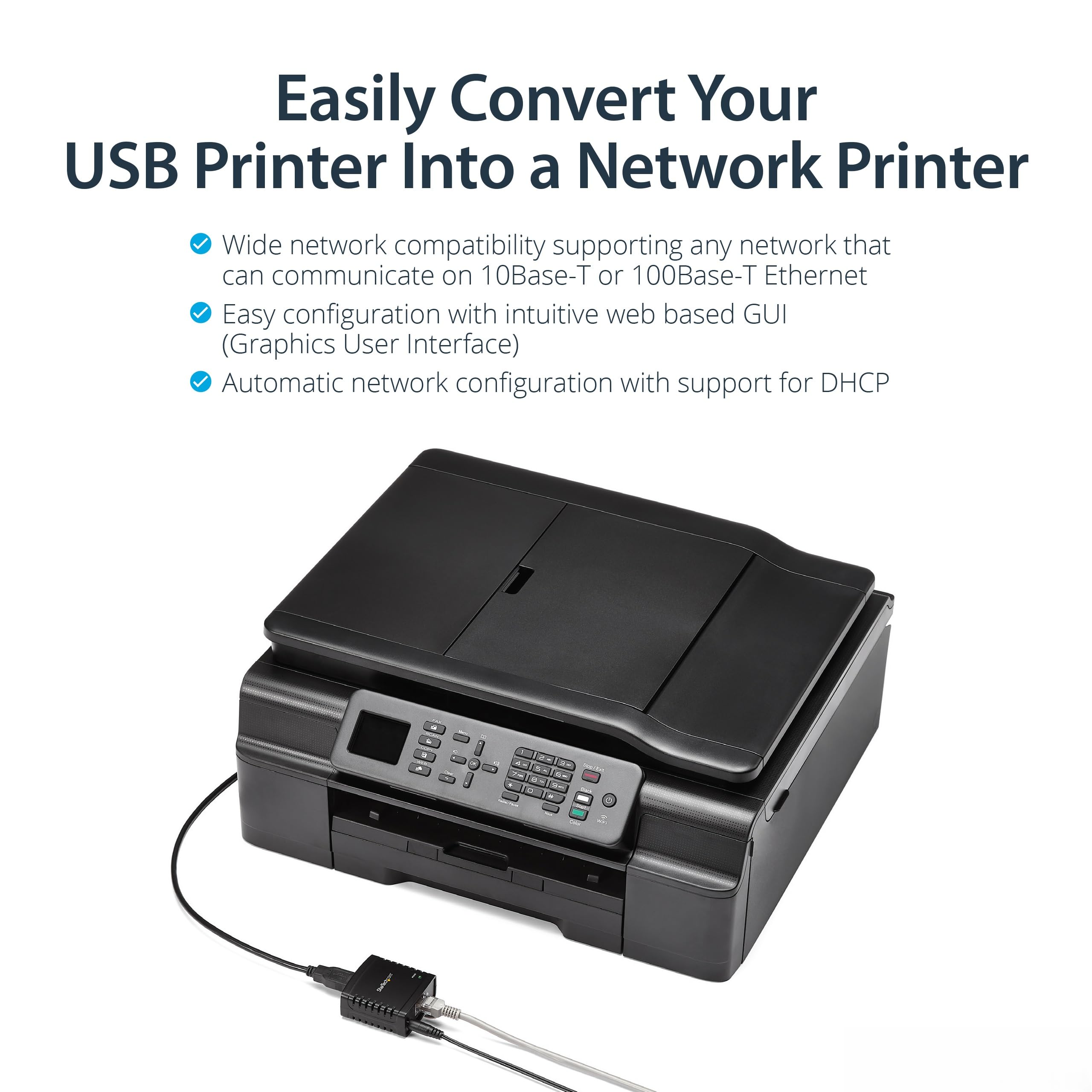 StarTech 1-Port USB 2.0 Network Print Server, 10/100 Mbps Auto-sensing, Wired Ethernet LAN USB Printer Server Adapter, TAA Compliant