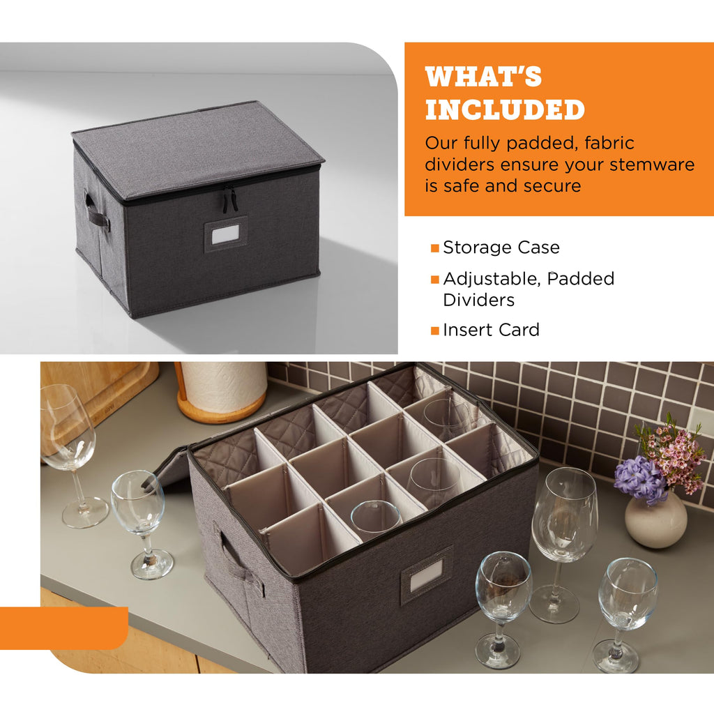 storageLAB Wine Glass Storage Containers, Hard Shell Organizer for Stemware and Glassware Sets, Stackable Wine Glass Storage Box with Dividers for Kitchen and Moving Supplies - 1 Pack, Cream