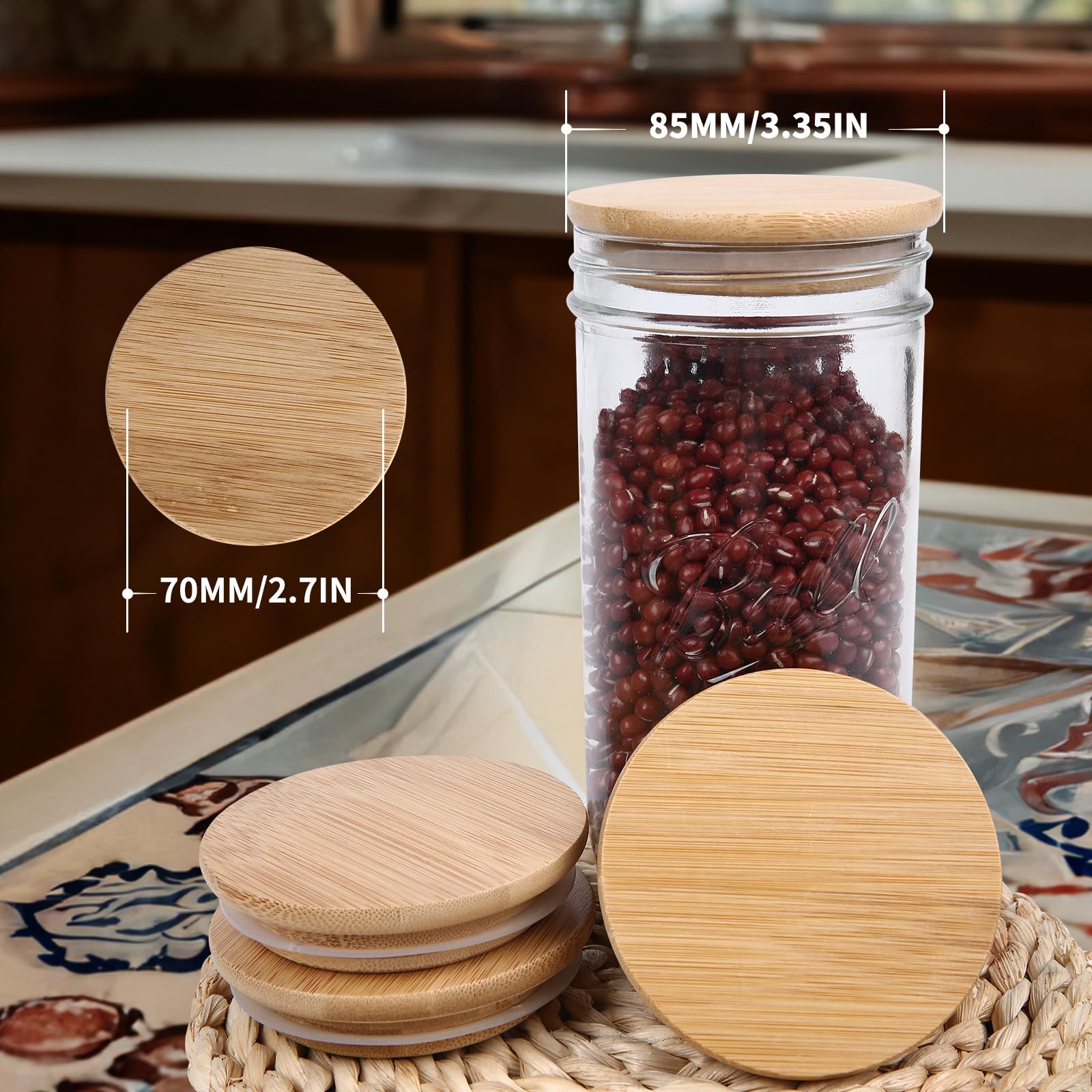 6 Pack Wide Mouth Mason Jar Lids Reusable canning lids Acacia Wooden mason jar Lids with Airtight Silicone Seal, Brown (6PCS Wide Lids)