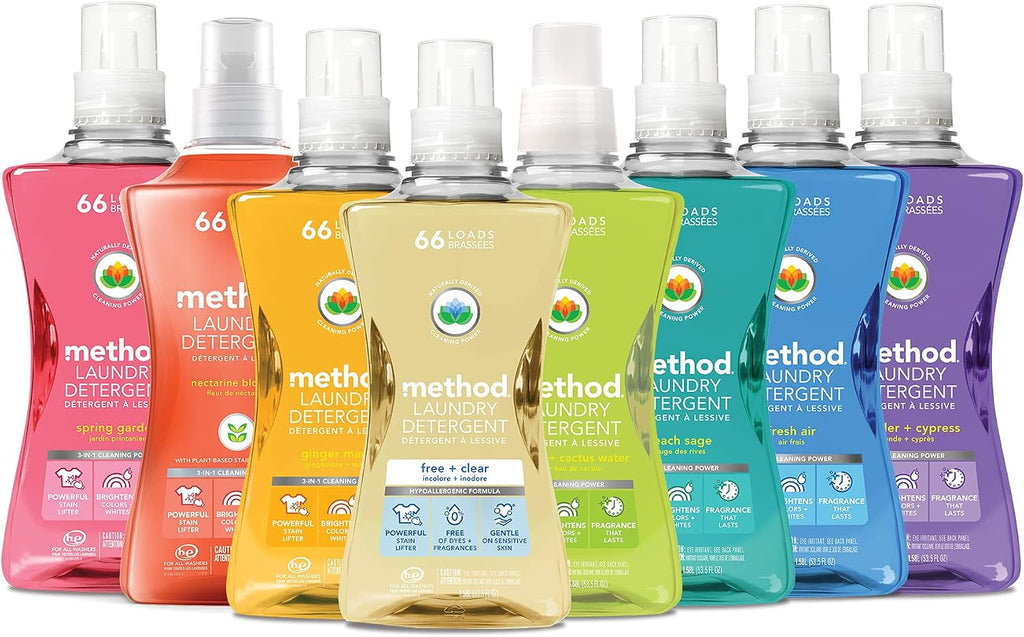 Method Liquid Laundry Detergent; Ginger Mango Scent; Stain Remover; 66 Loads per 53.5 fl oz bottle; 4 Pack (264 Total Loads); Packaging May Vary