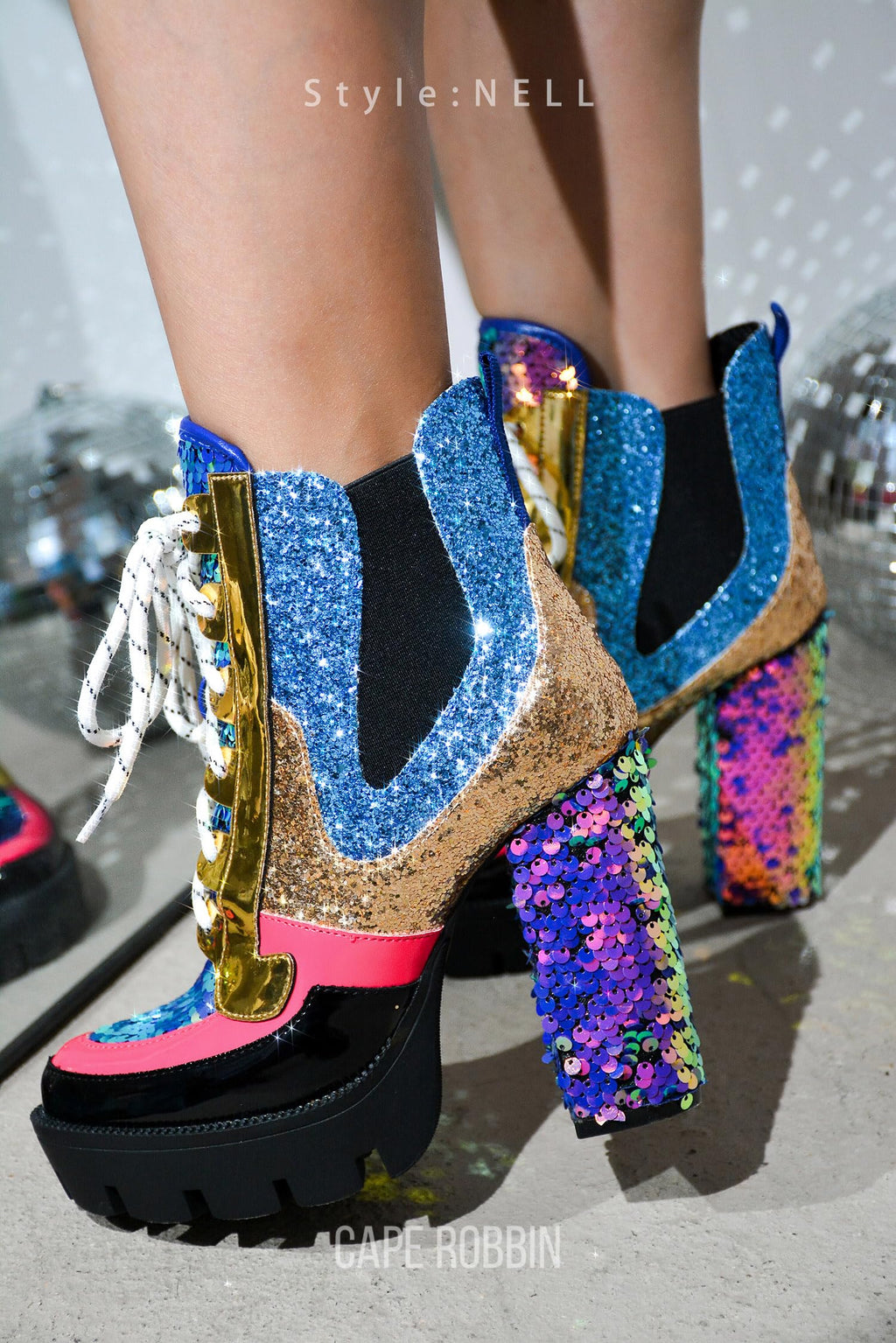 Cape Robbin Nell Heeled Boots for Women Sparkly Sequin Platform Chelsea Boots Women - Chunky Block Heels with Sequined Tongue and Heel - Stylish Glitter Ankle Boots for Women