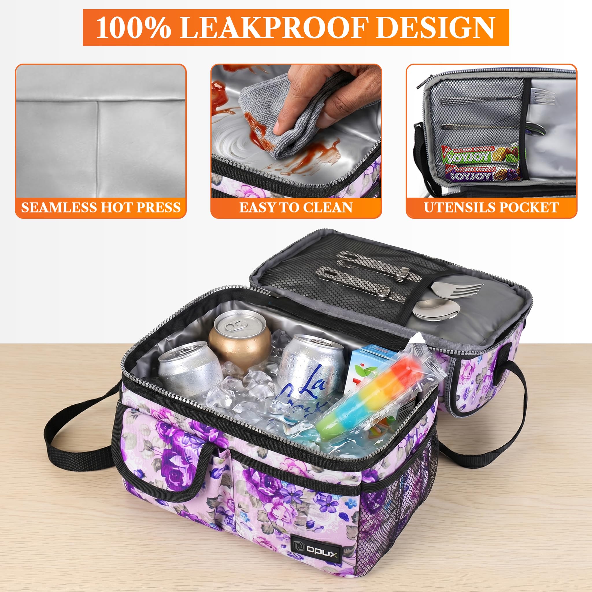 opux Insulated Lunch Bag Women Men, Dual Compartment Leakproof Lunch Box Adults Kids, Double Decker Meal Prep Bento Lunch Cooler Tote with Shoulder Strap for Work Office School Travel, Black