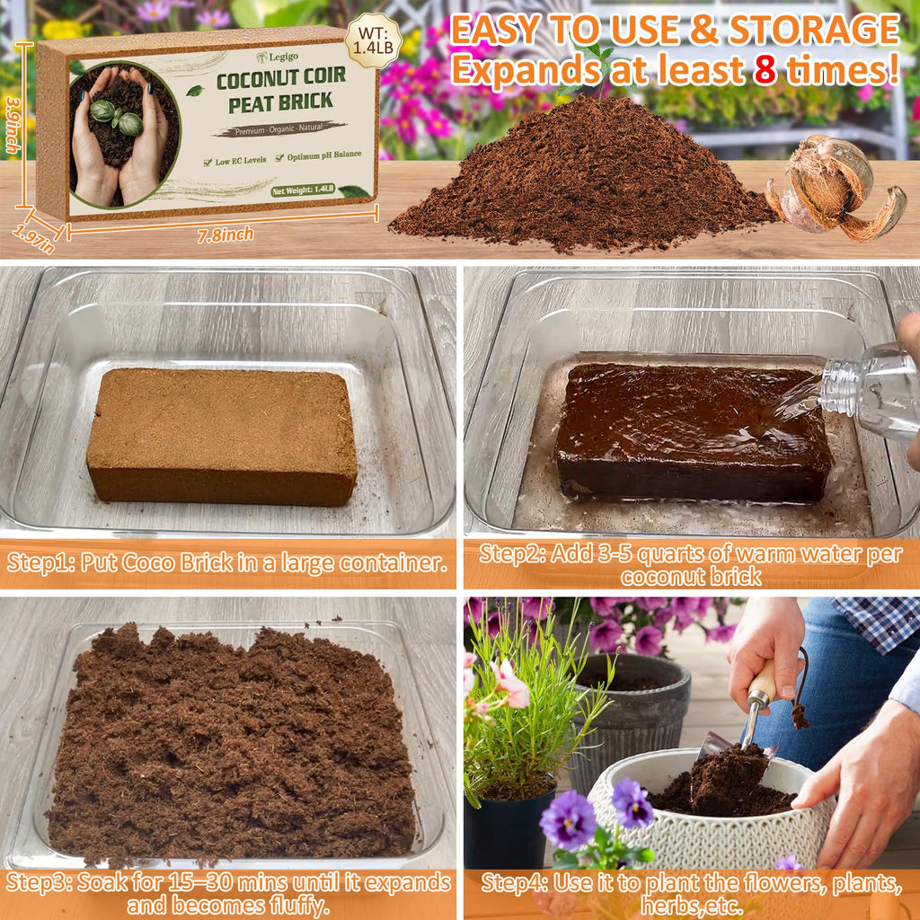 Legigo 2 Pack Premium Coco Coir Brick for Plants- 100% Organic Compressed Coconut Coir Bricks Starting Mix, Coco Coir Fiber Coconut Husk for Planting, Gardening, Potting Soil Substrate, Herbs