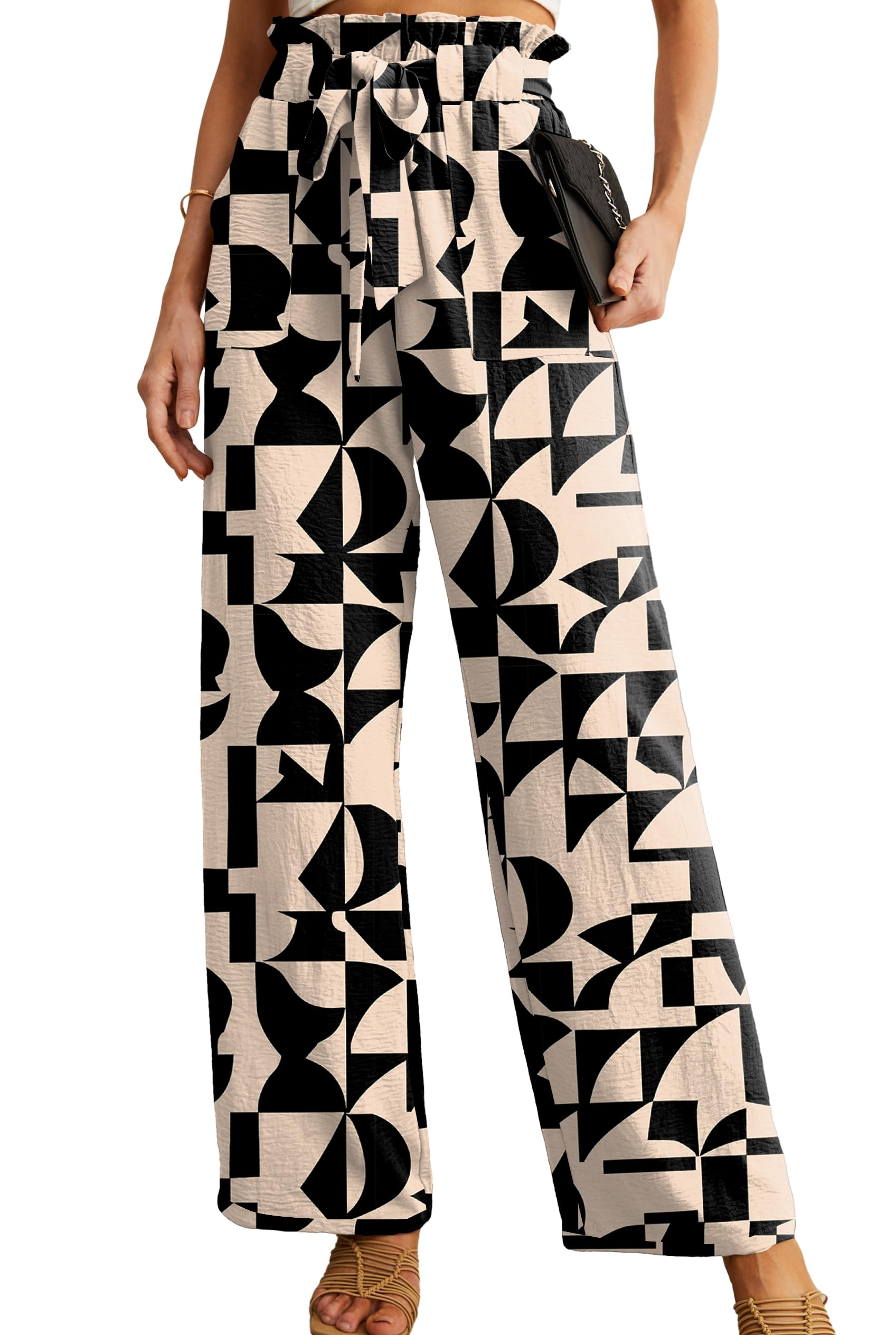 IWOLLENCE Women High Waist Palazzo Pants, Adjustable Knot Ankle Wide Leg Trousers Pockets Beach Vacation Lounge Office