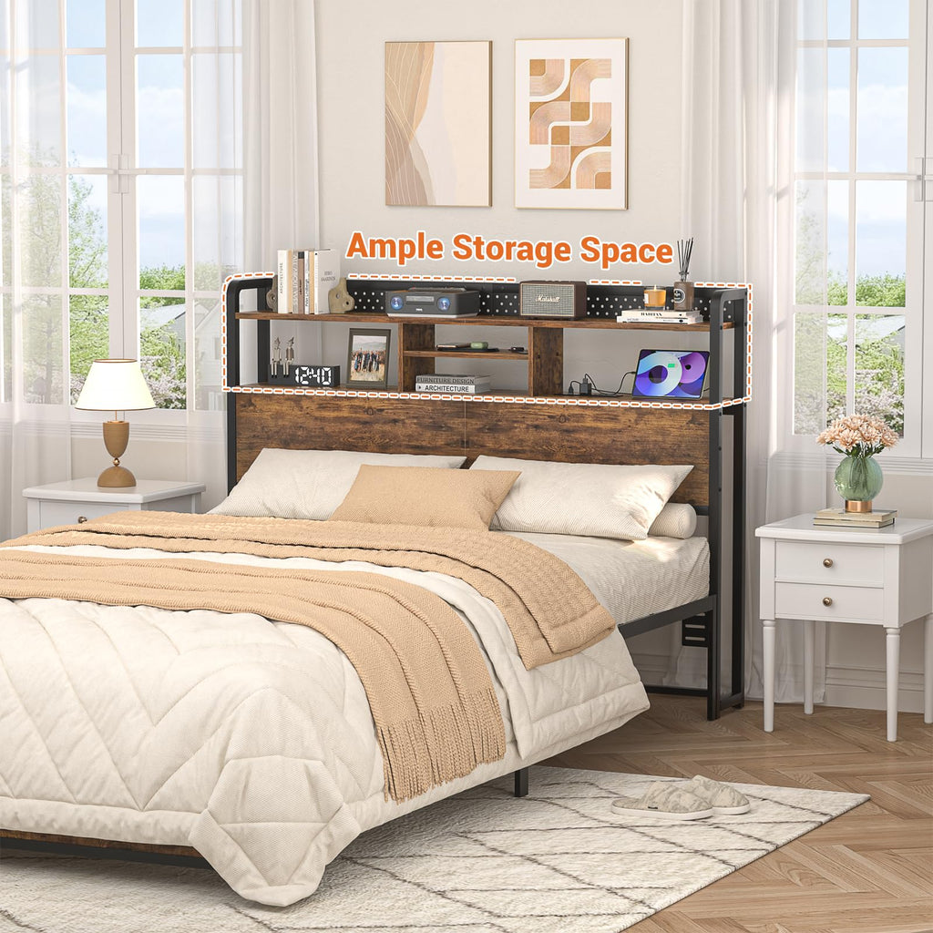 Unikito Headboard for Queen Size Bed with Storage Shelf, Head Board with 3 Outlets and 2 USB Ports, Headboards with RGB LED Light, Height Adjustable, Sturdy and Stable, Easy Assembly, Black