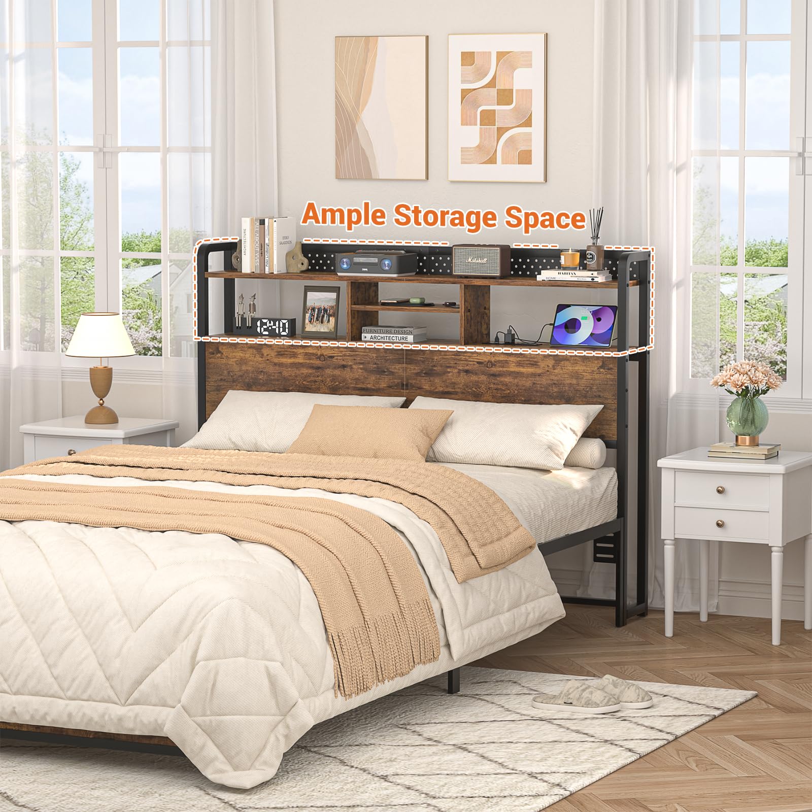 Unikito Headboard for Queen Size Bed with Storage Shelf, Head Board with 3 Outlets and 2 USB Ports, Headboards with RGB LED Light, Height Adjustable, Sturdy and Stable, Easy Assembly, Black