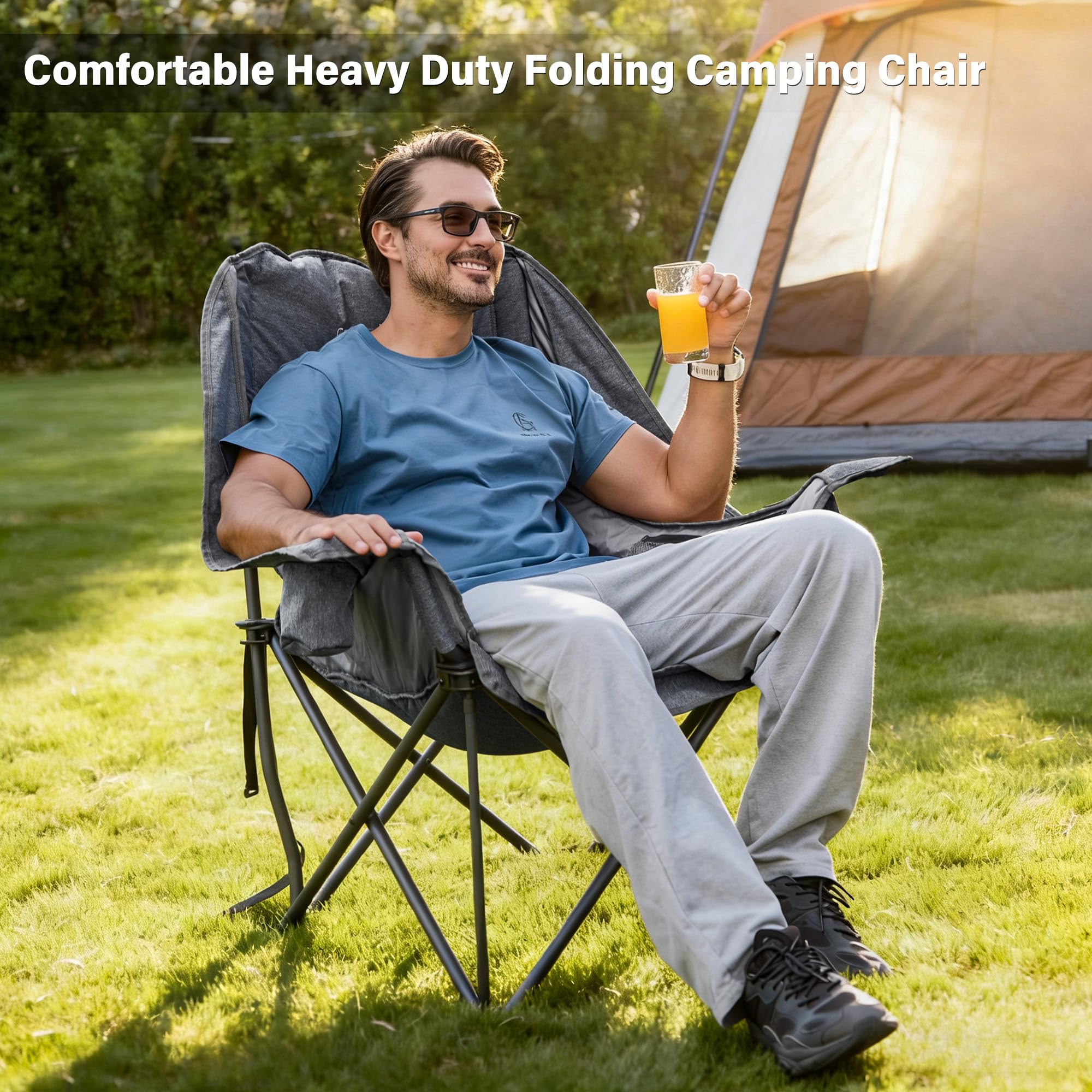 Double Camping Chair Heavy Duty Oversized Padded Loveseat for Adults 2 Person Outdoor Portable Camping Chairs for Lawn, Backyard, Fishing, Trip, Support 600lbs, Grey