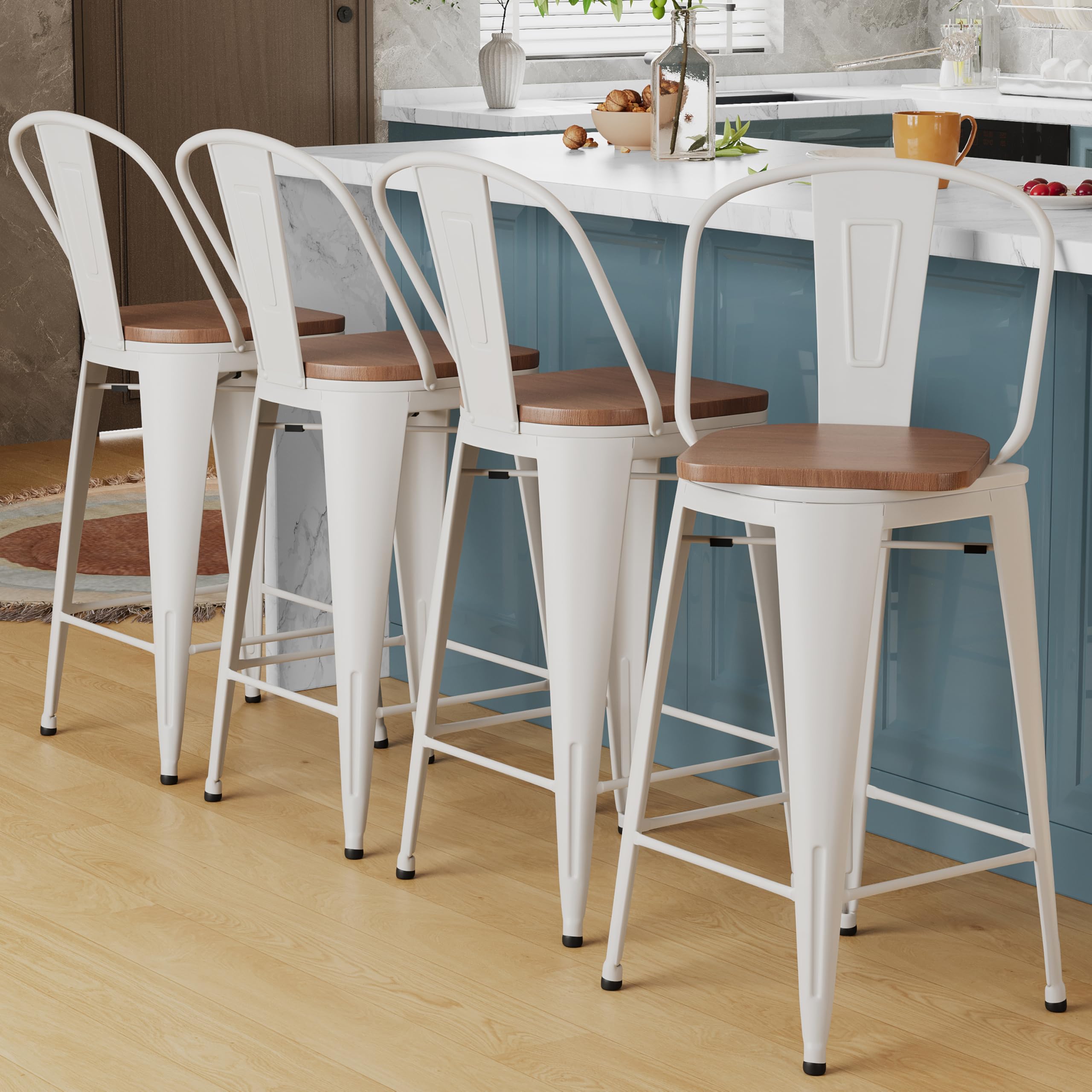 Alunaune 24" Swivel Metal Bar Stools Set of 4 High Back Counter Height Barstools Industrial Dining Bar Chairs with Large Wooden Seat-Matte Black