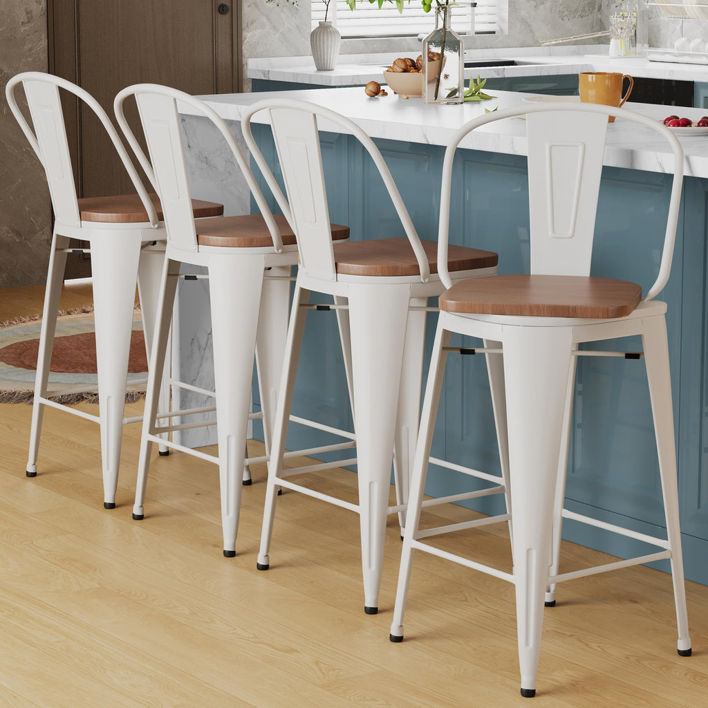 Alunaune 24" Swivel Metal Bar Stools Set of 4 High Back Counter Height Barstools Industrial Dining Bar Chairs with Large Wooden Seat-Matte Black