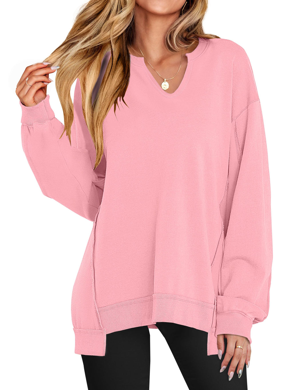ANRABESS Women's Long Sleeve V-Neck Oversized Sweatshirts | Soft Lightweight Loose Fit Pullover Tops, Casual School Workout Office Tunic Shirts, Teen Girls Outfit, Fall Winter Clothes